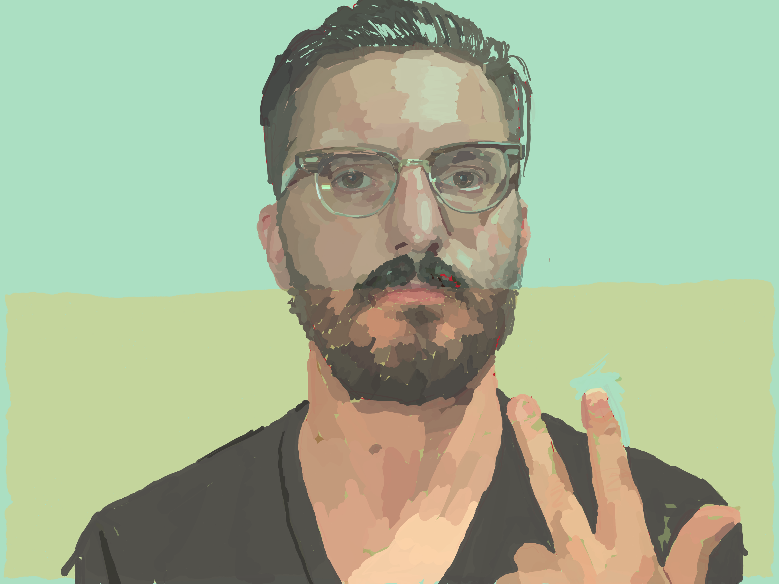 A frontal bearded man in glasses raises two fingers in a peace sign against broad bands of mint green.