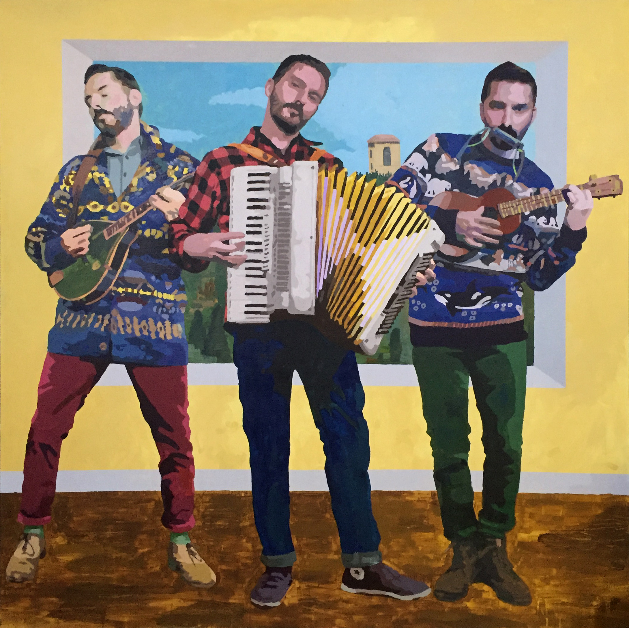 Three bearded musicians in patterned sweaters play an accordion and two small stringed instruments before a framed landscape.
