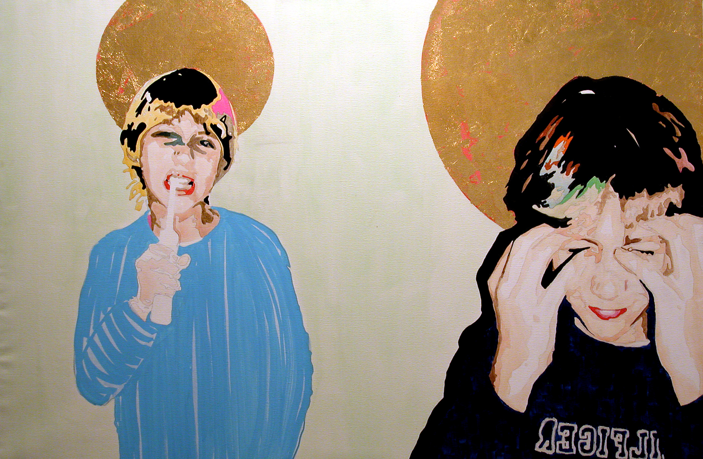 Two painted views of a child against gold circles: one holds a toothbrush to their mouth while the other covers their eyes.