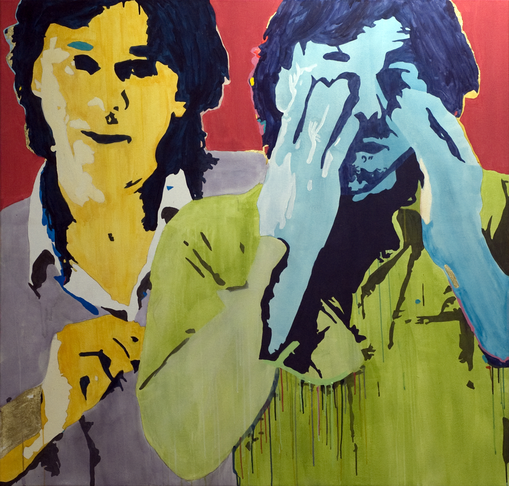A yellow face peers from behind a larger blue-toned figure who covers their eyes with both hands, set against red and lime green.