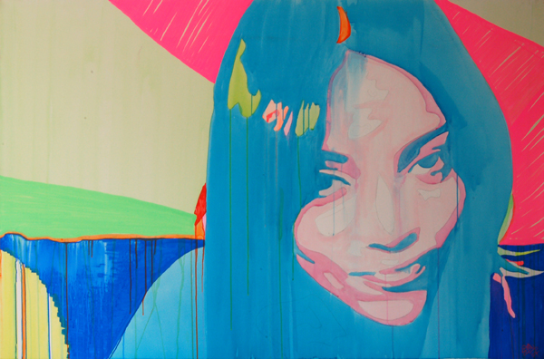 A close portrait of a woman with a dark blue bob and purple top, framed by red, green, and blue linear stage shapes.