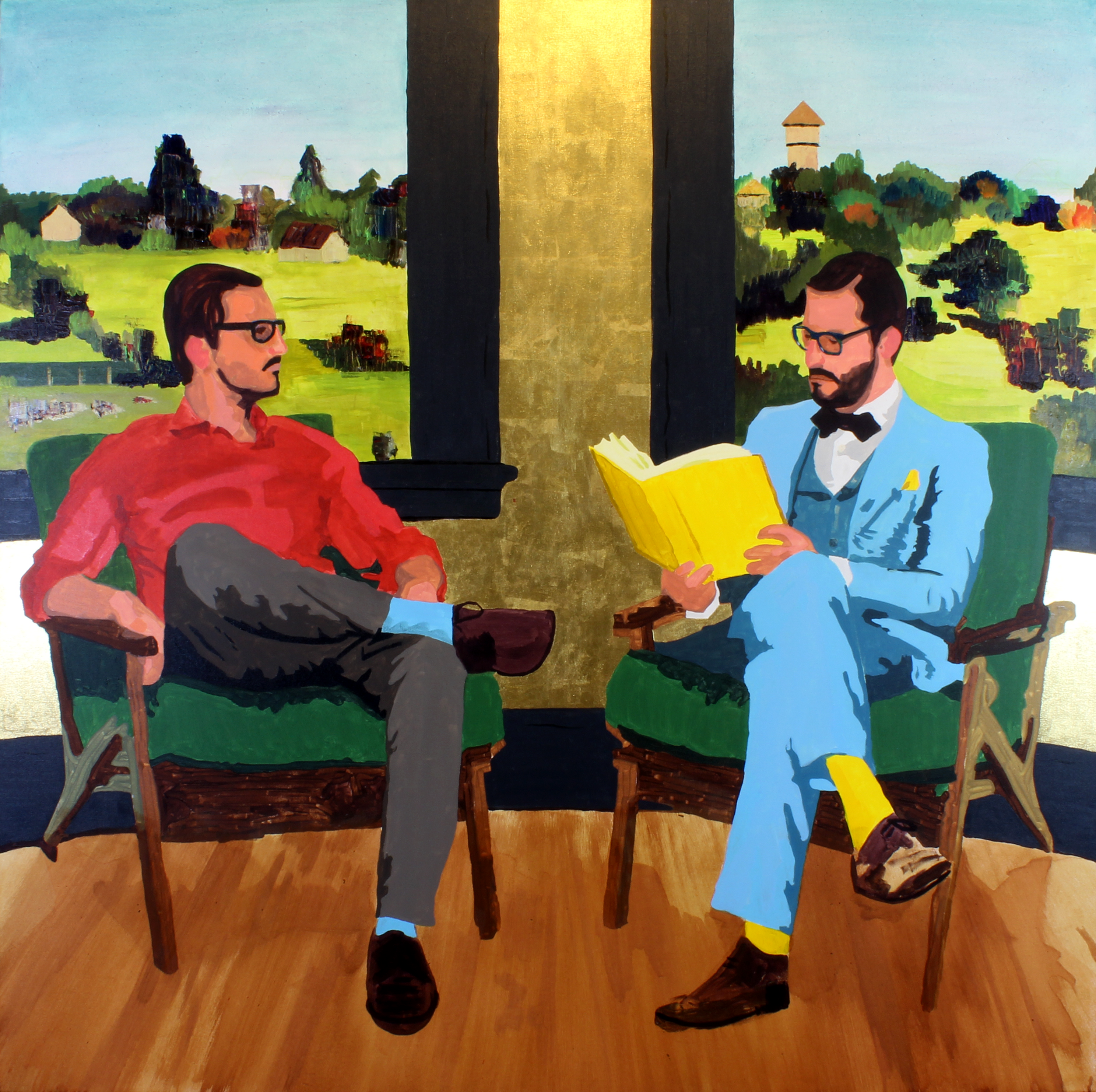 Two men sit facing each other in green chairs; one wears red and the other a light blue suit while holding a yellow folder.