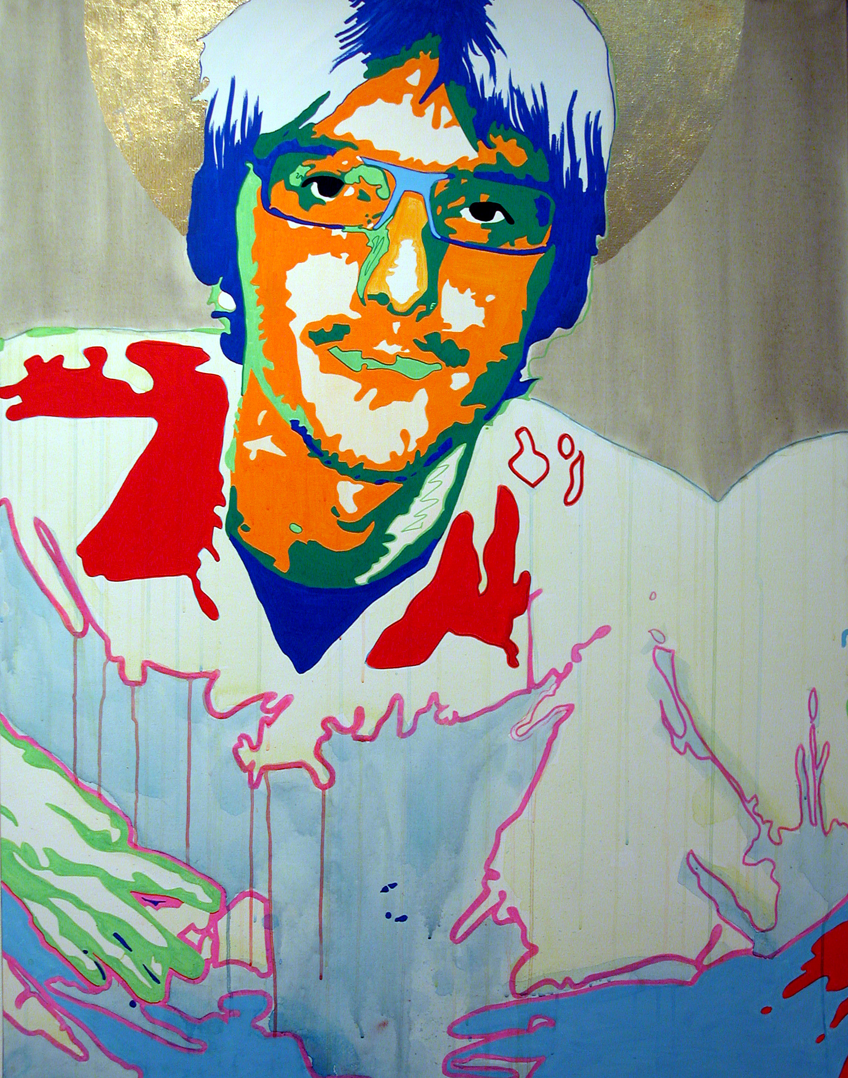 A seated, bespectacled figure faces forward in a pale striped shirt, rendered with vivid orange, blue, pink, and green outlines beneath a gold circle.
