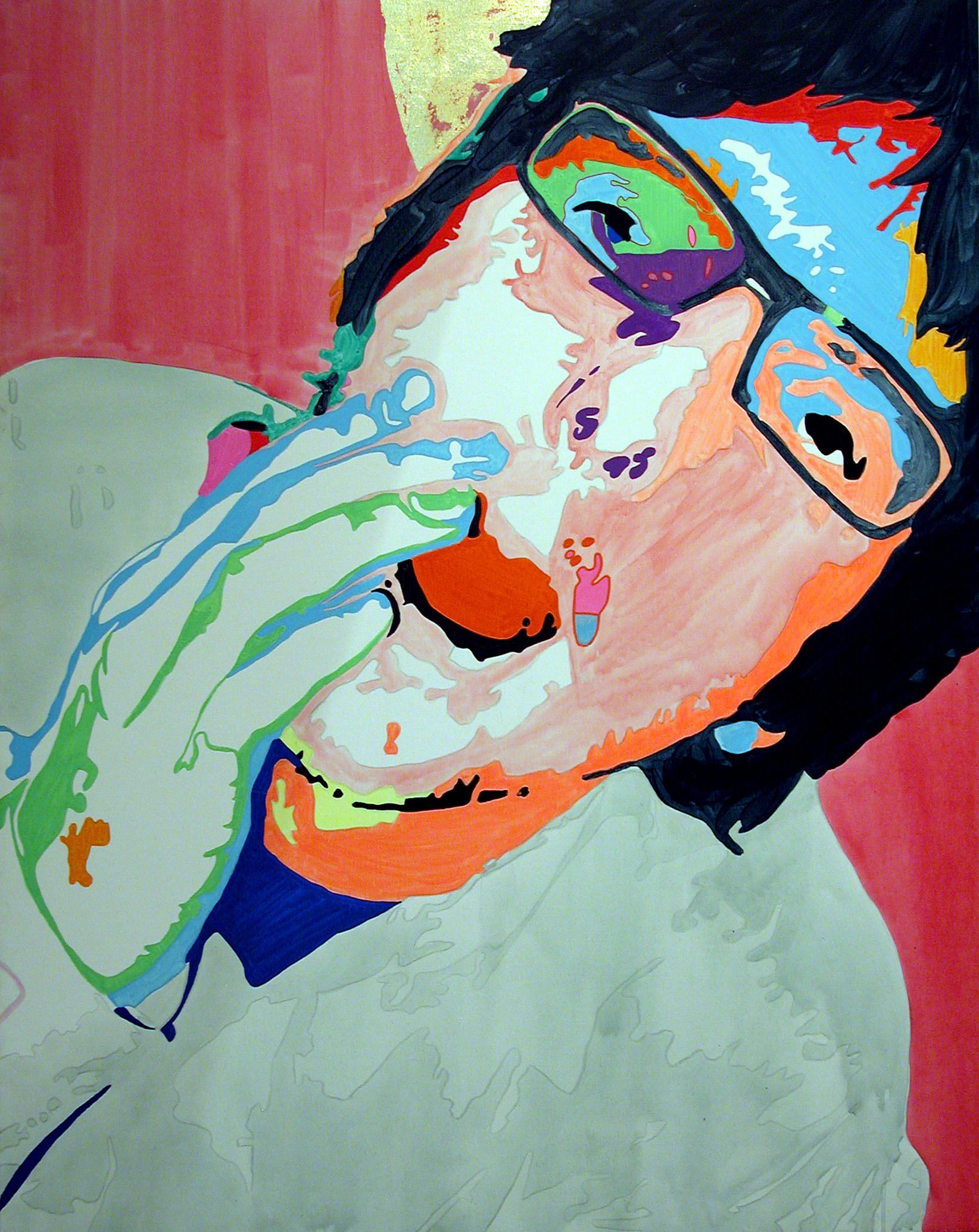 A close-up painted figure in glasses tilts their head back with one hand across their mouth, outlined in turquoise, orange, and pink.
