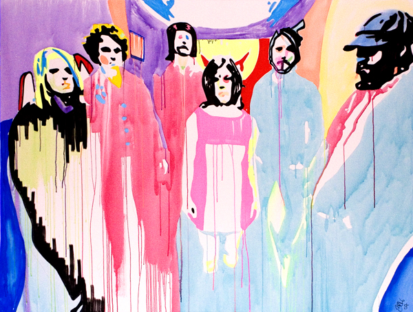 Six band members stand in a loose row, rendered in pale pink, lavender, black, and cream with vertical paint drips.