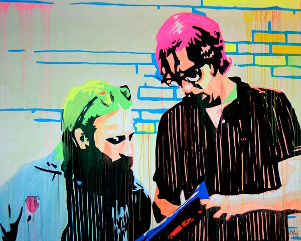 Two musicians bend over instruments at the bottom edge, painted in black, pink, acid green, and cyan against a gridded background.