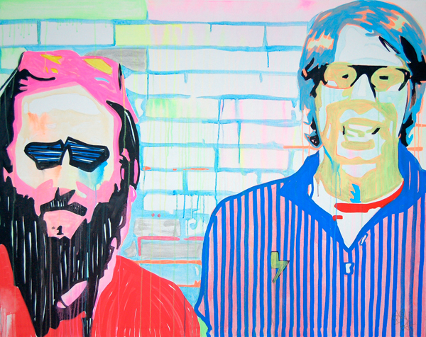 Two bearded men in sunglasses face forward, one in red and one in a blue striped shirt, against pale brick-like lines.