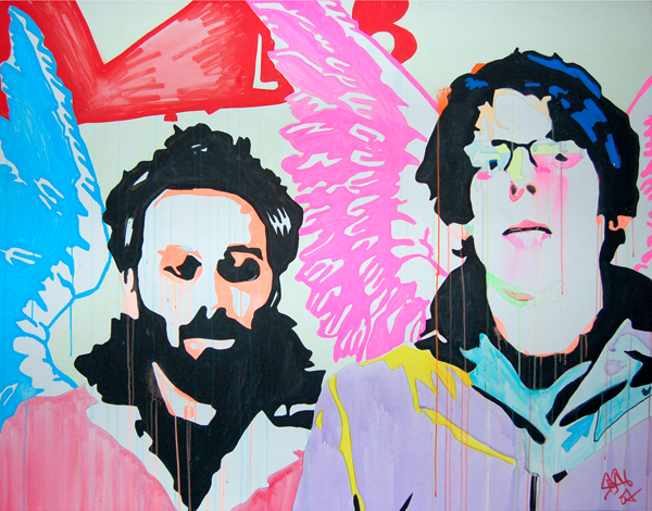 Two head-and-shoulder portraits, one bearded and one long-haired, stand before vivid pink, red, and blue graffiti-like lines.