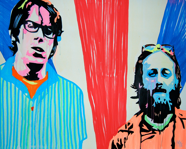 Two brightly colored male portraits flank a vertical red shape, one in glasses and a blue striped shirt, the other bearded in orange.
