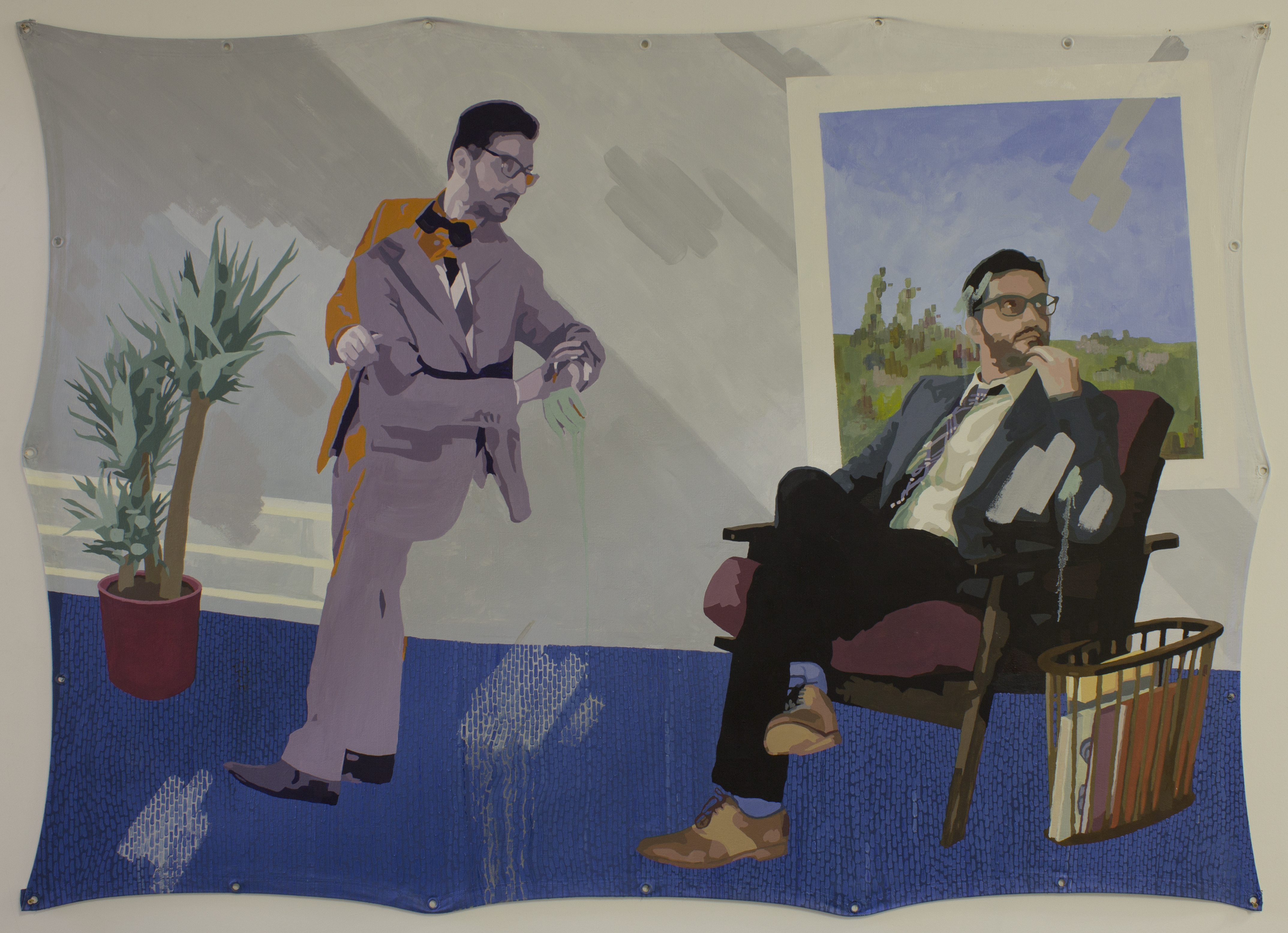 One suited man stands beside another seated in a chair, in a spare room with a potted plant, framed landscape, and blue carpet.