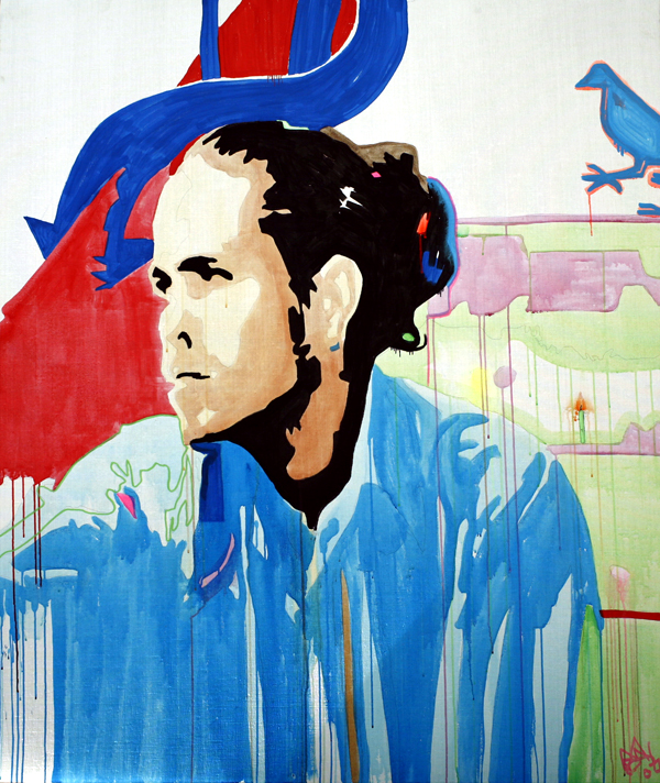 A side-facing man in a blue jacket stands before looping red and blue shapes, small bird forms, and pale pink stage lines.