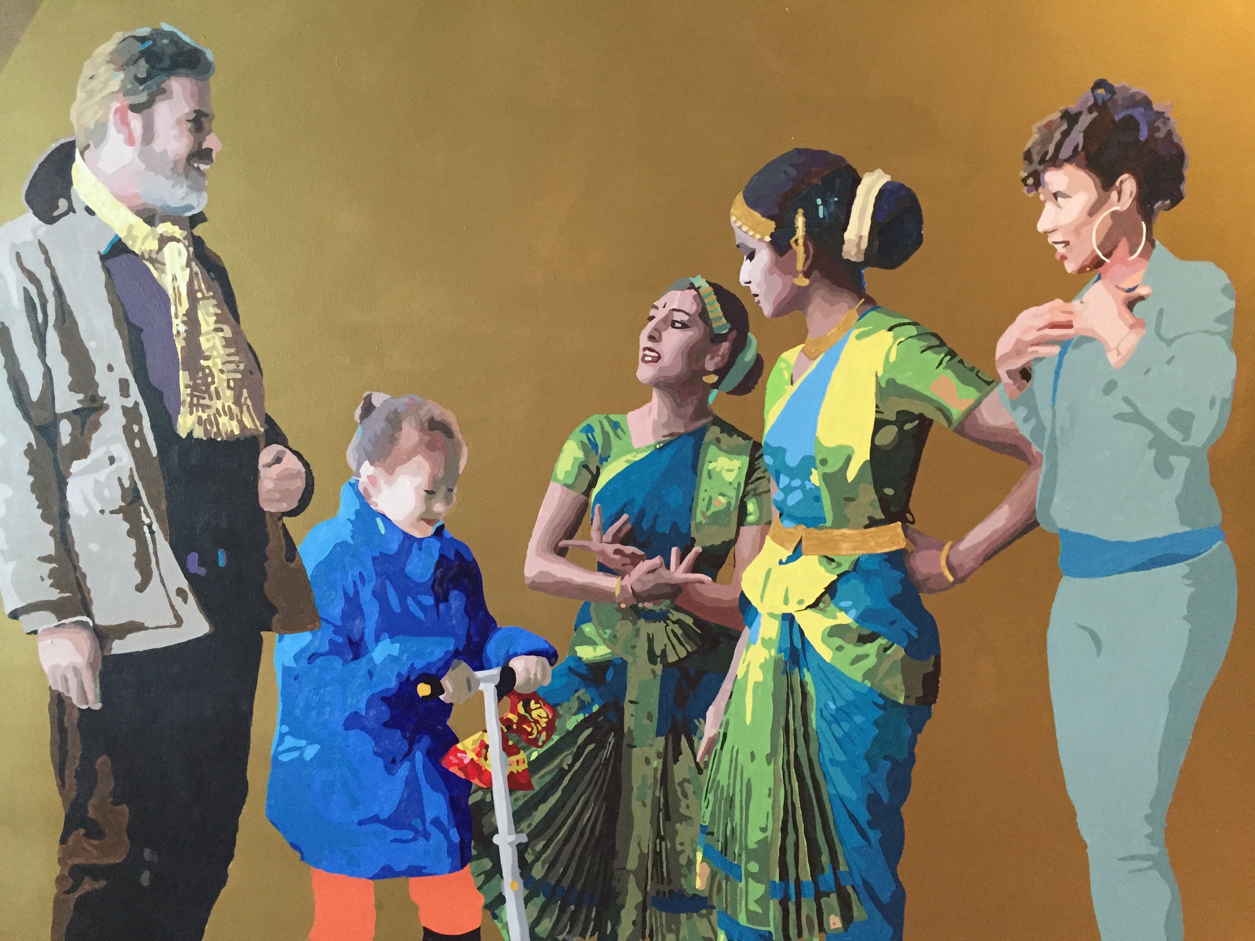 Mural detail of four standing figures, including a child in bright blue and two women in green, against gold and leafy shapes.