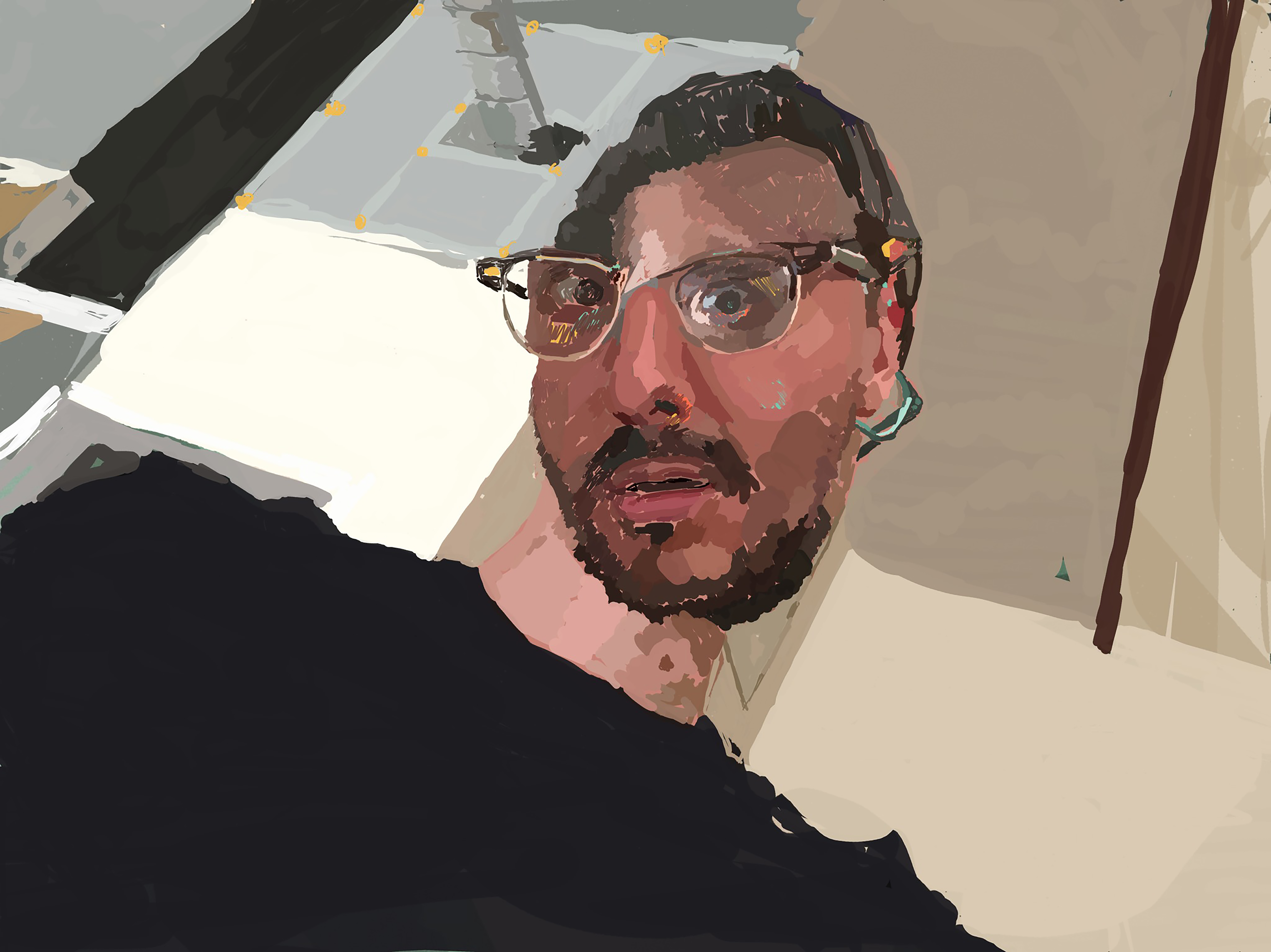 A close, low-angle digital portrait of a bearded man with clear glasses beneath angular gray and white ceiling shapes.
