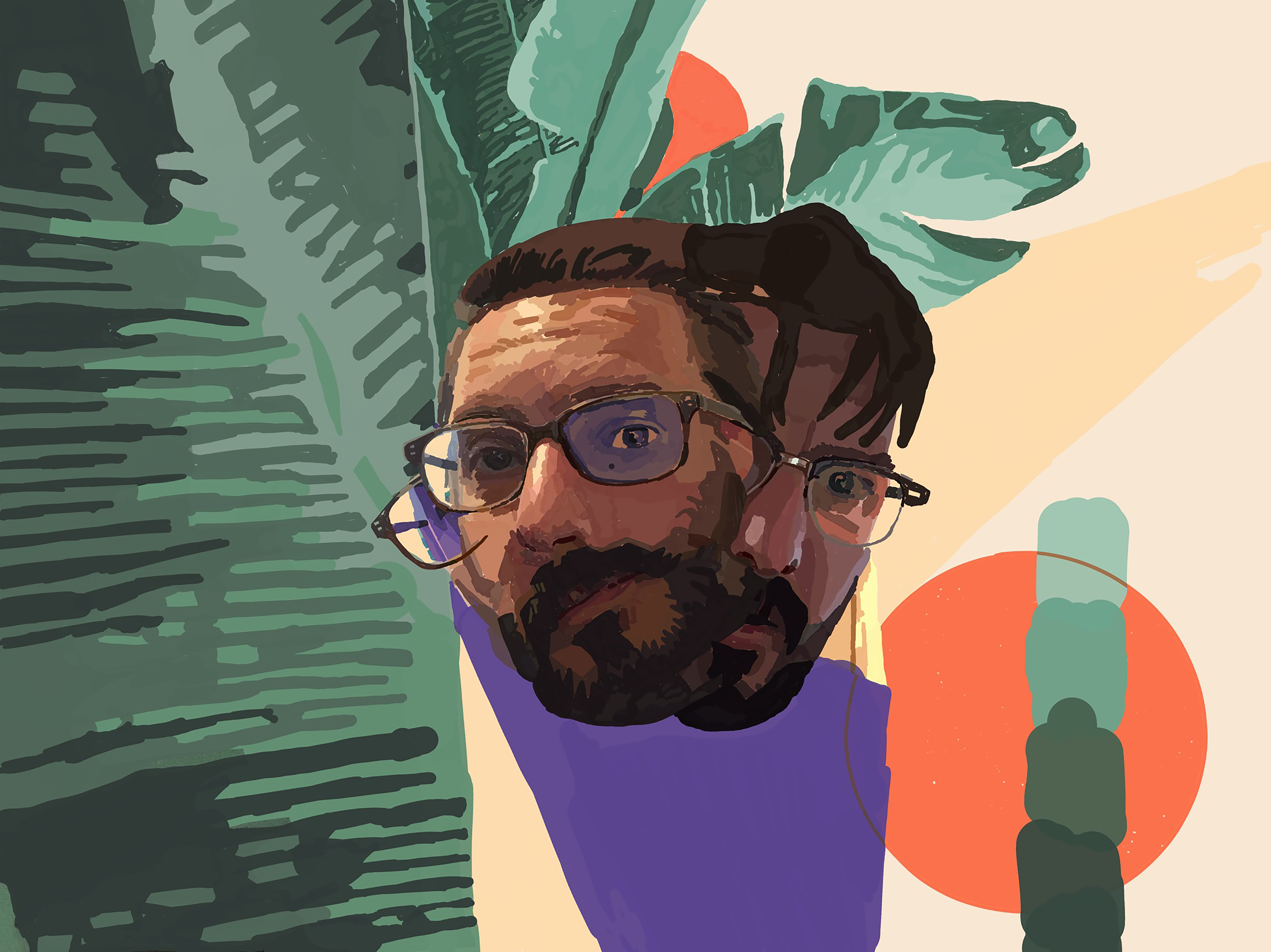 Three overlapping views of a bearded man in round glasses and a purple shirt, framed by dark tropical leaves and orange circles.