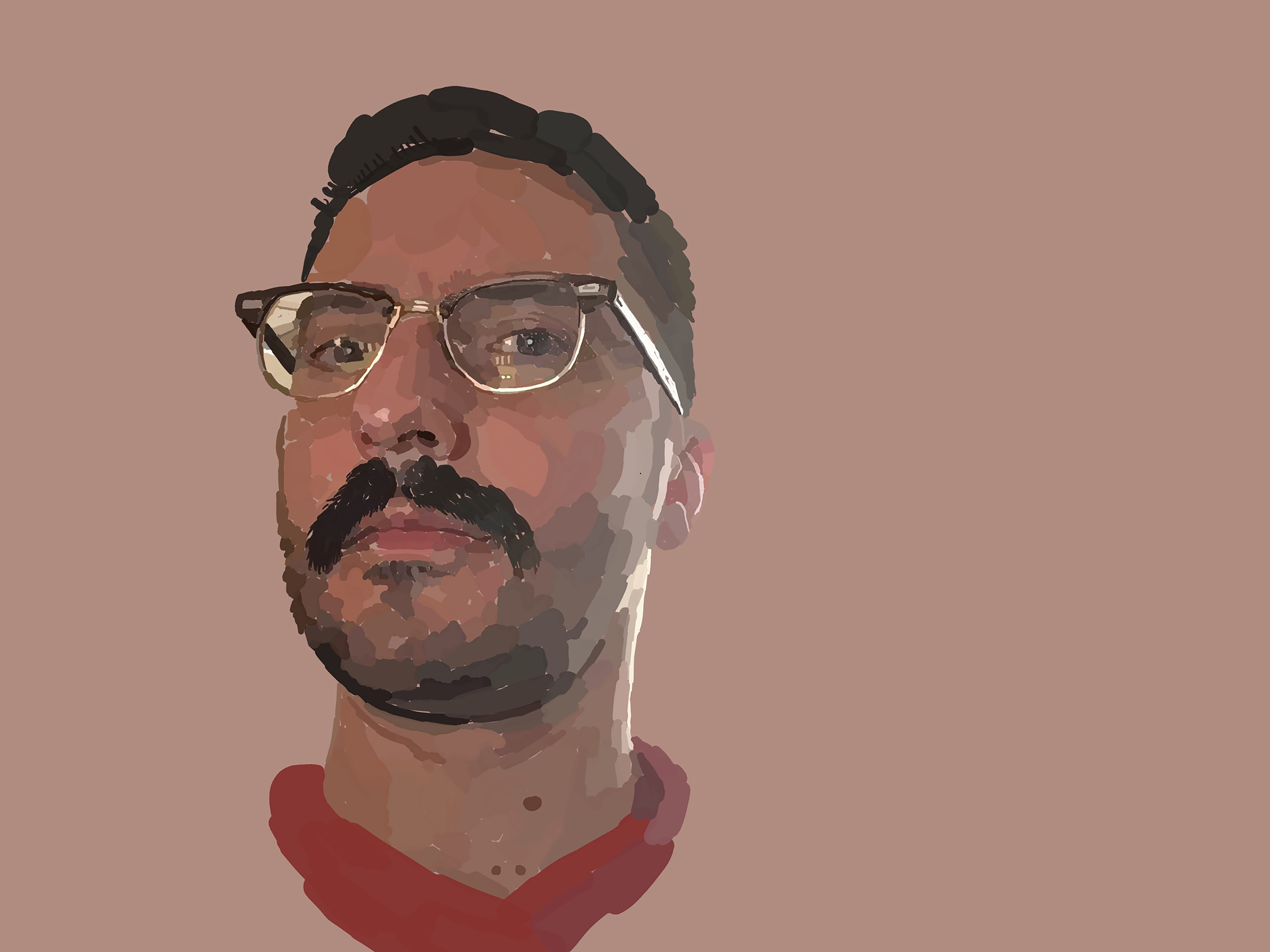 A frontal digital bust of a bearded man in clear glasses and a red-collared shirt against a muted rose background.