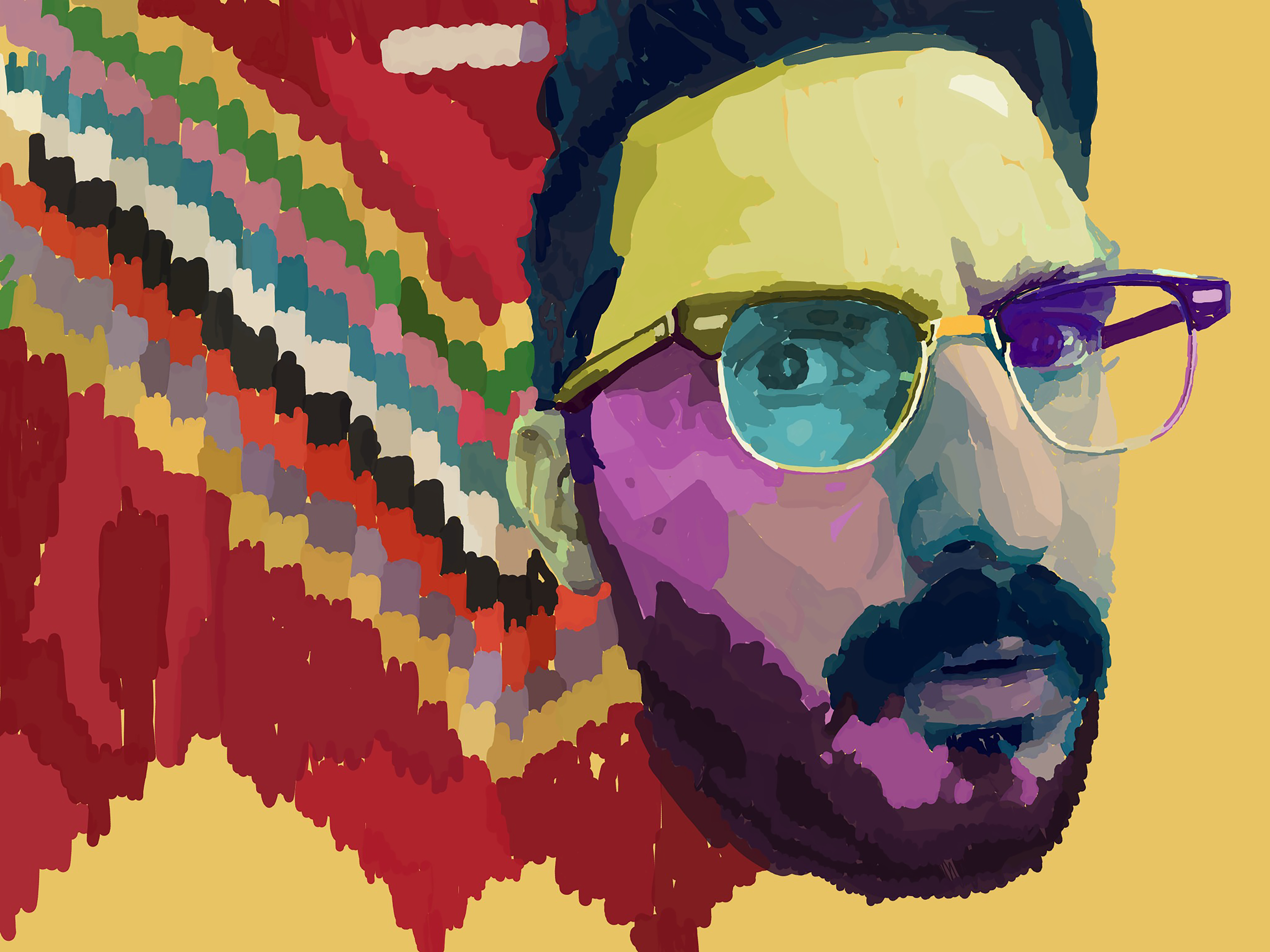 A close-cropped, multicolored portrait of a bespectacled bearded man beside a striped zigzag textile on a mustard ground.
