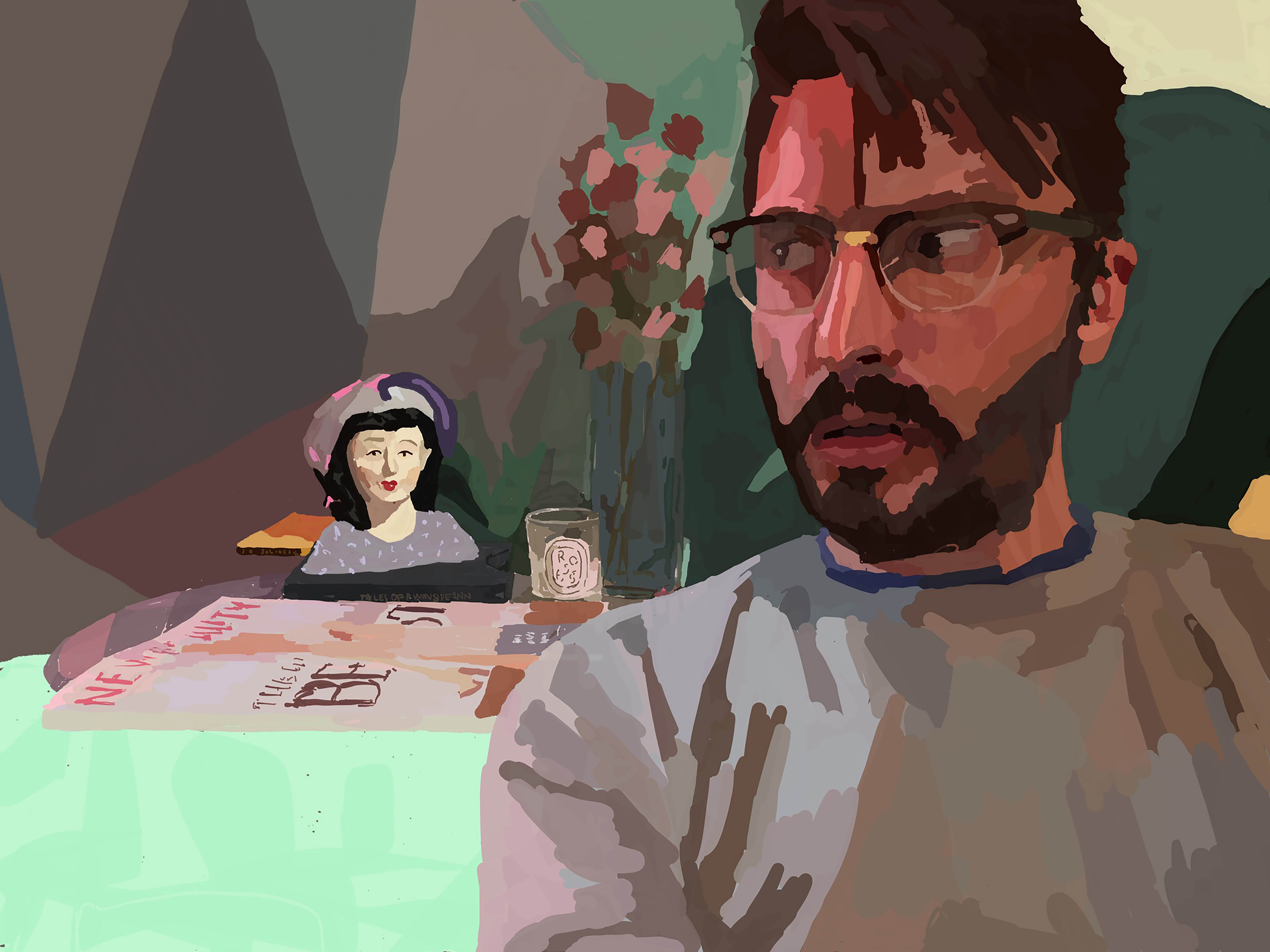 A bearded man with glasses appears beside a tabletop holding a small figurine and a lettered board, rendered in muted green, gray, and pink.