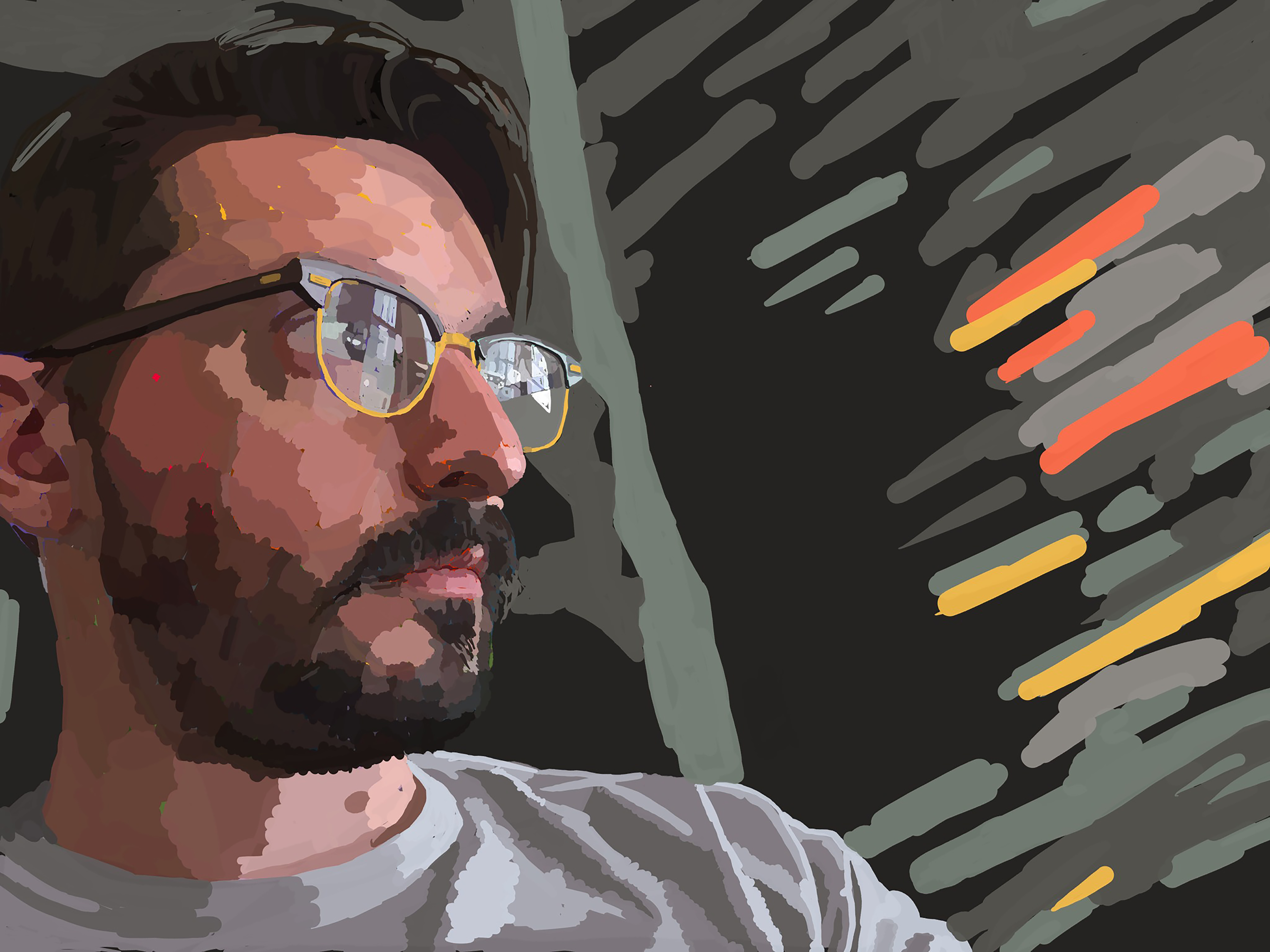 A bearded man in profile wears glasses against a charcoal wall crossed by gray brush marks and short orange streaks.