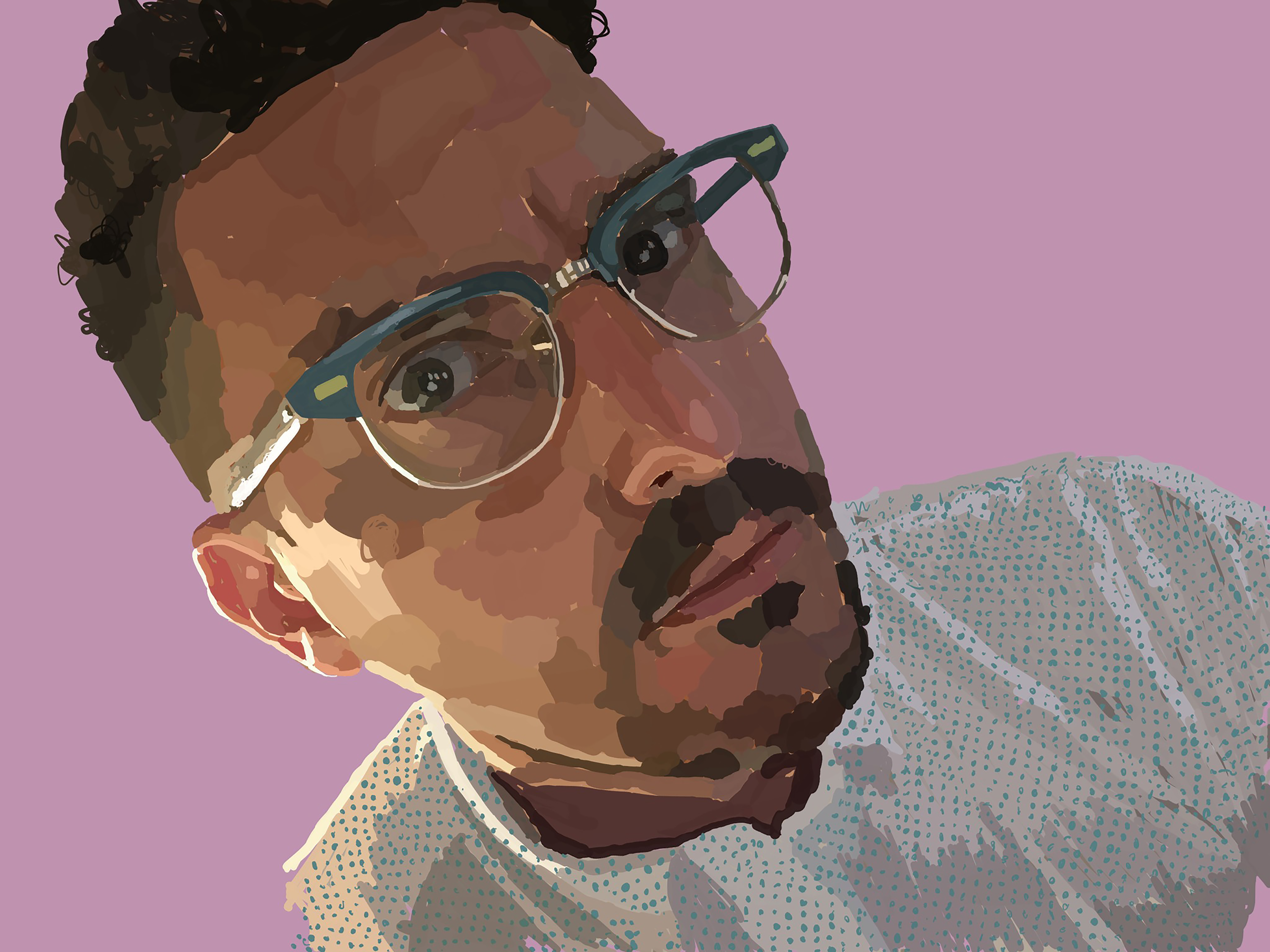 A tilted close-up of a bearded man in oversized teal glasses and a dotted gray shirt against a lavender background.