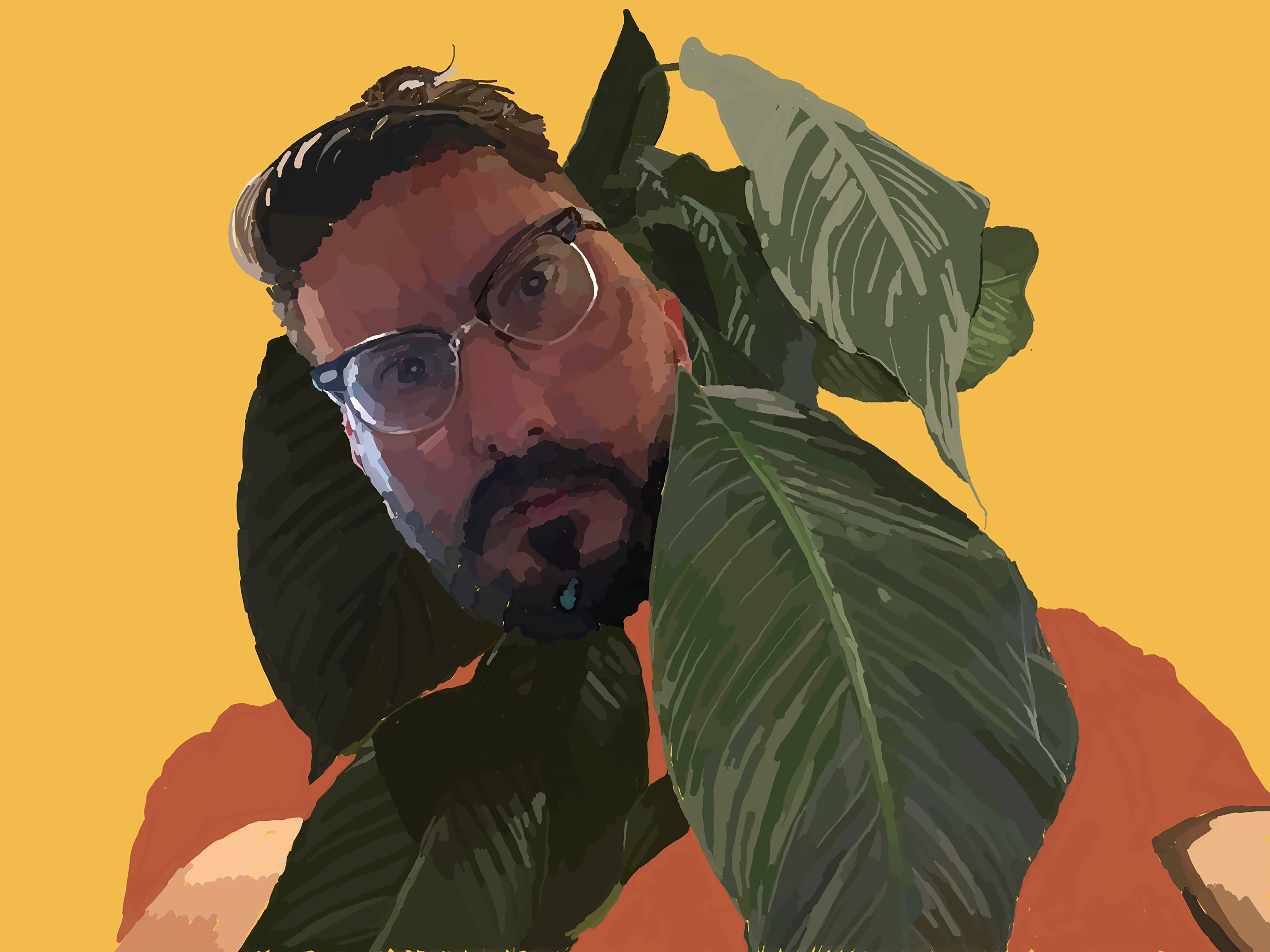 A bearded man peers between large dark green leaves against a flat orange background.