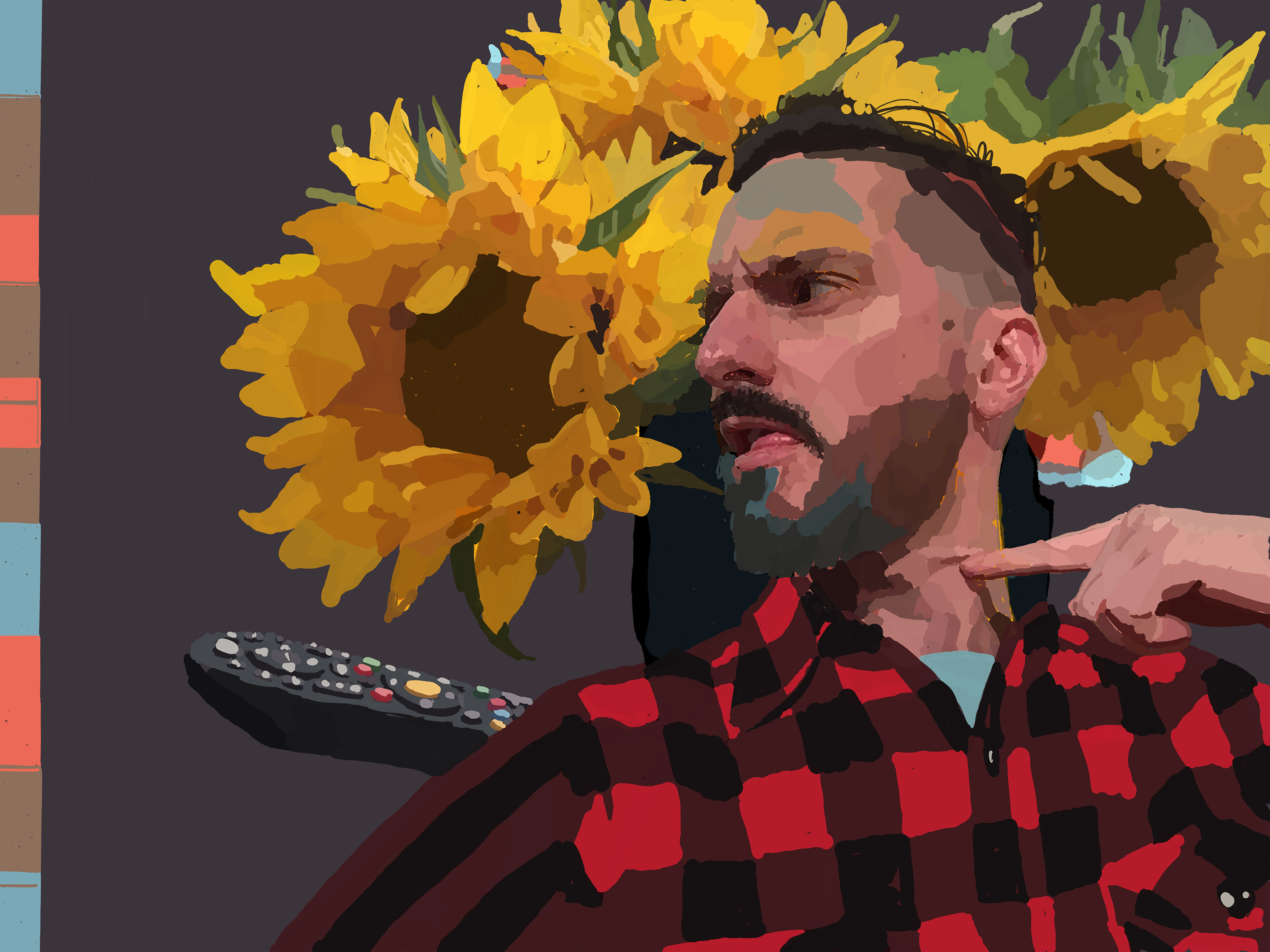 A side-facing bearded man in a red-and-black plaid shirt points toward his collar, backed by oversized yellow sunflowers.