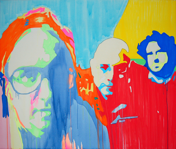 Four overlapping heads in blue, red, orange, and cream crowd a pale blue and yellow background.
