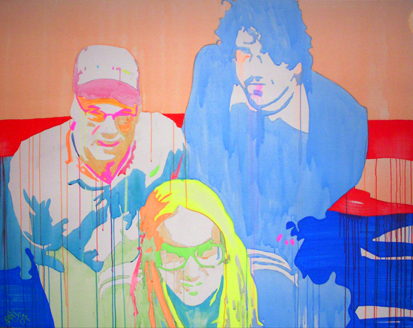 Three layered figures, one in a cap, one with dark hair, and one in glasses, emerge from translucent coral and blue color fields.