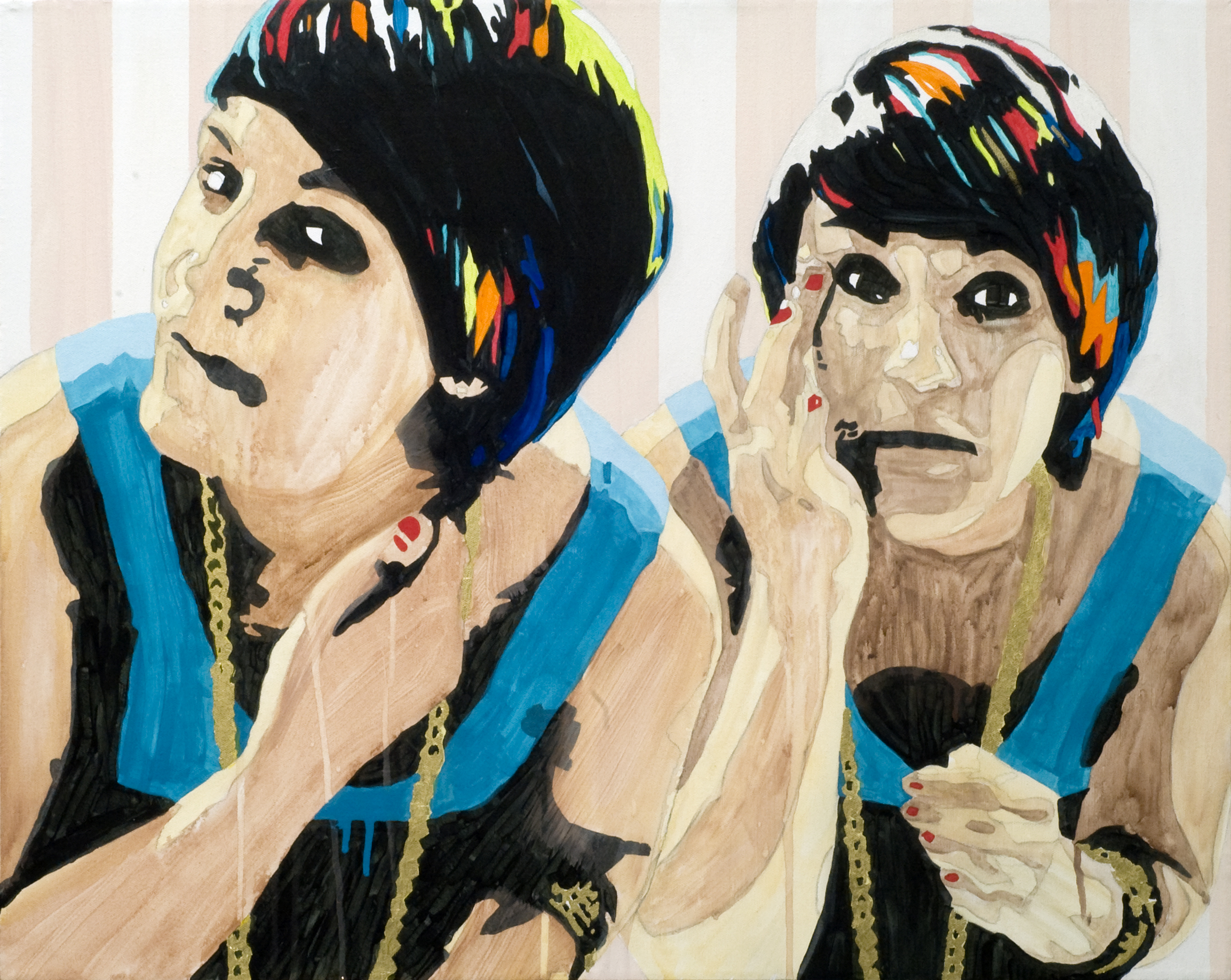 Two overlapping views of a short-haired figure in blue, black, and gold, one glancing upward while the other looks ahead.