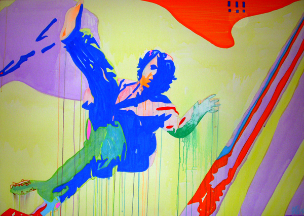 A blue silhouette of a seated guitarist leans back across a neon yellow field, surrounded by red, purple, and green abstract forms.