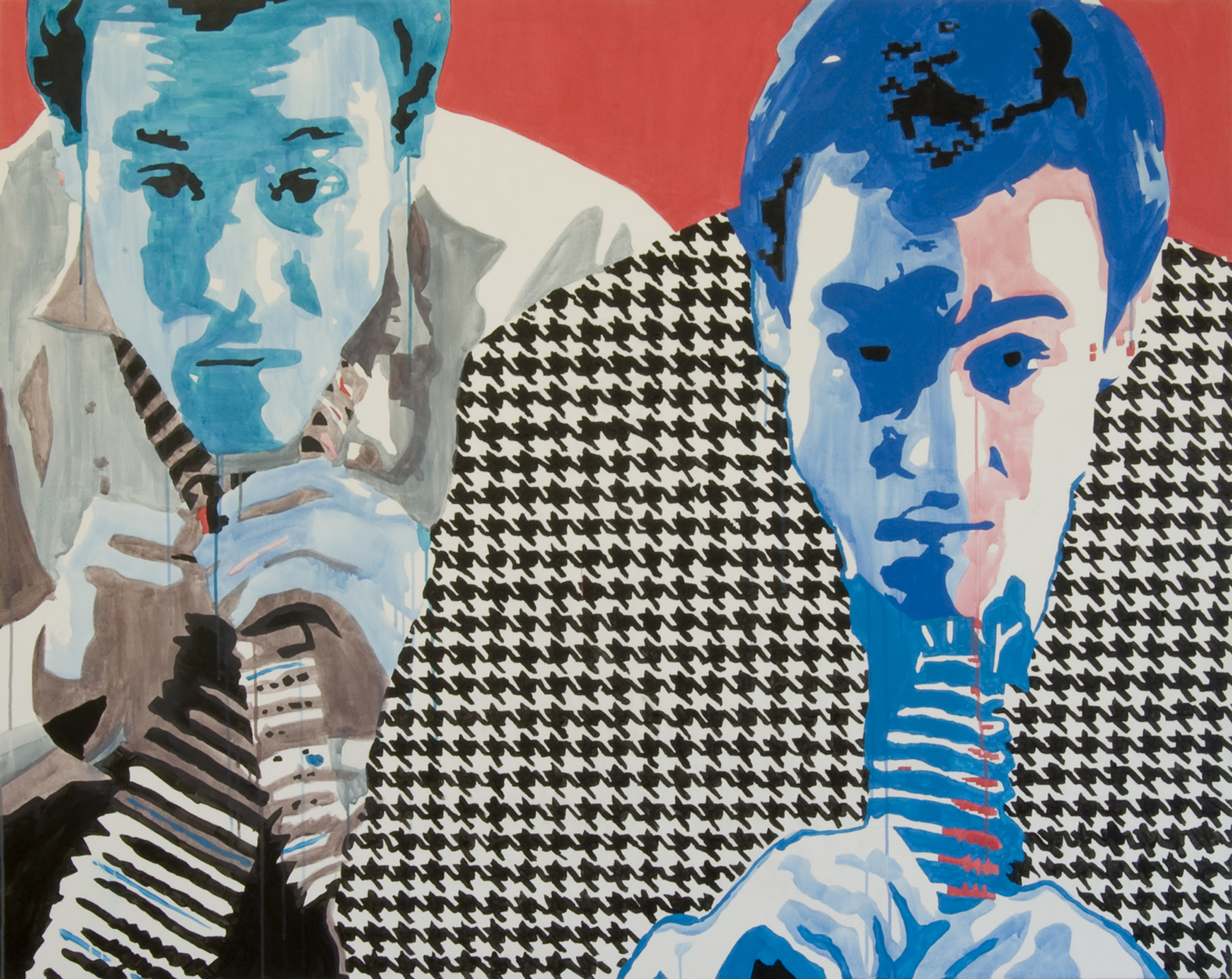 Three overlapping blue-toned views of a man, with a houndstooth jacket, striped neckwear, and clasped hands dominating the foreground.