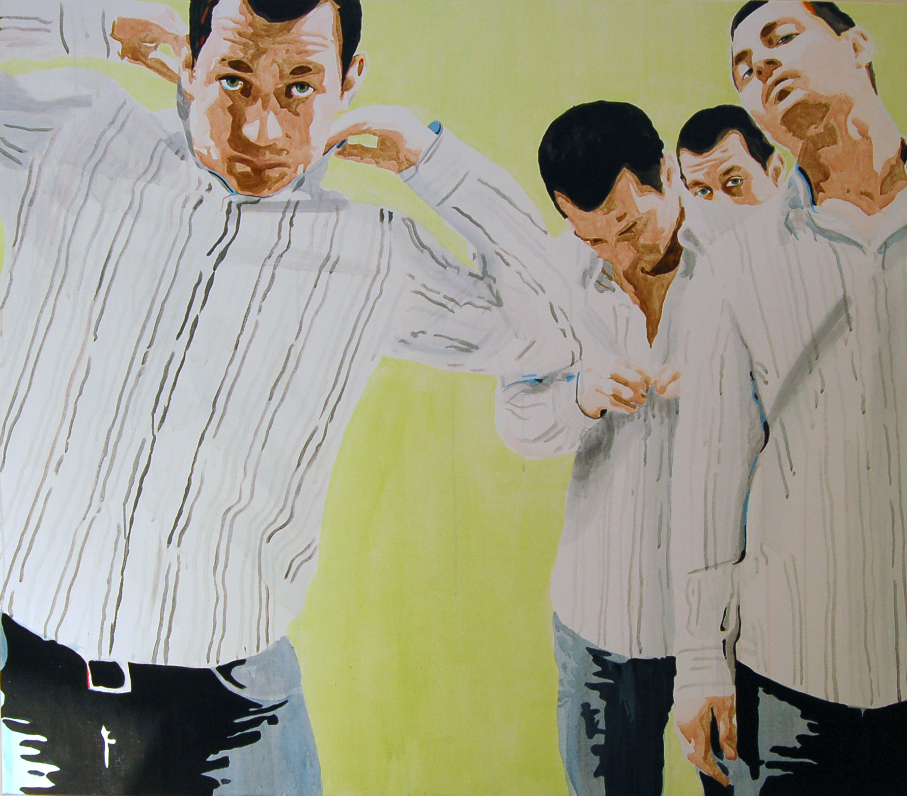 Five overlapping men in pale striped shirts lean and peer toward the viewer against a light green ground.