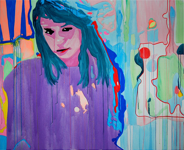 A woman with long blue hair and a purple top looks down amid red microphone lines, translucent green shapes, and blue drips.