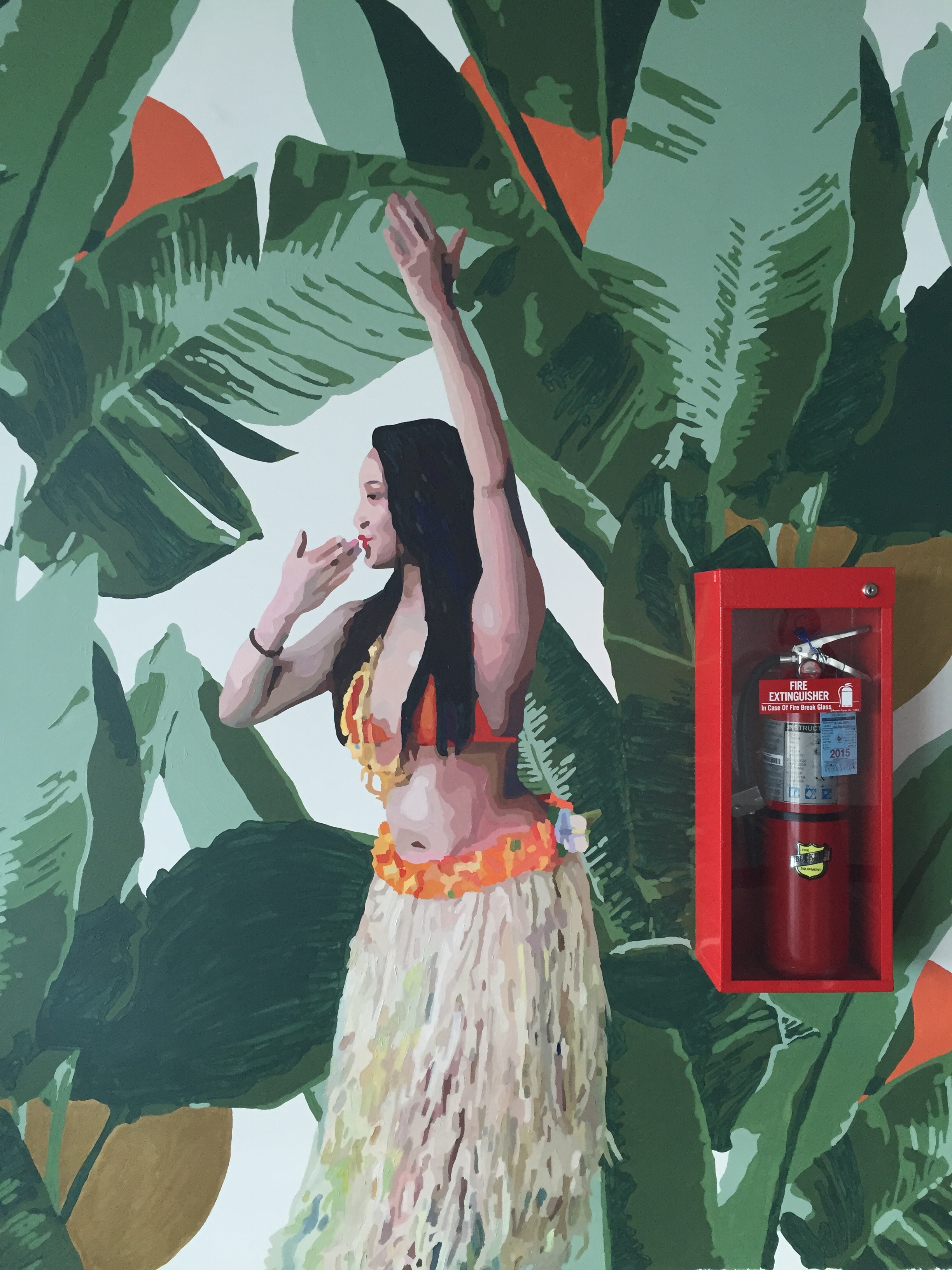 Installation view of a mural showing a woman in a long white skirt raising one arm among oversized green banana leaves.