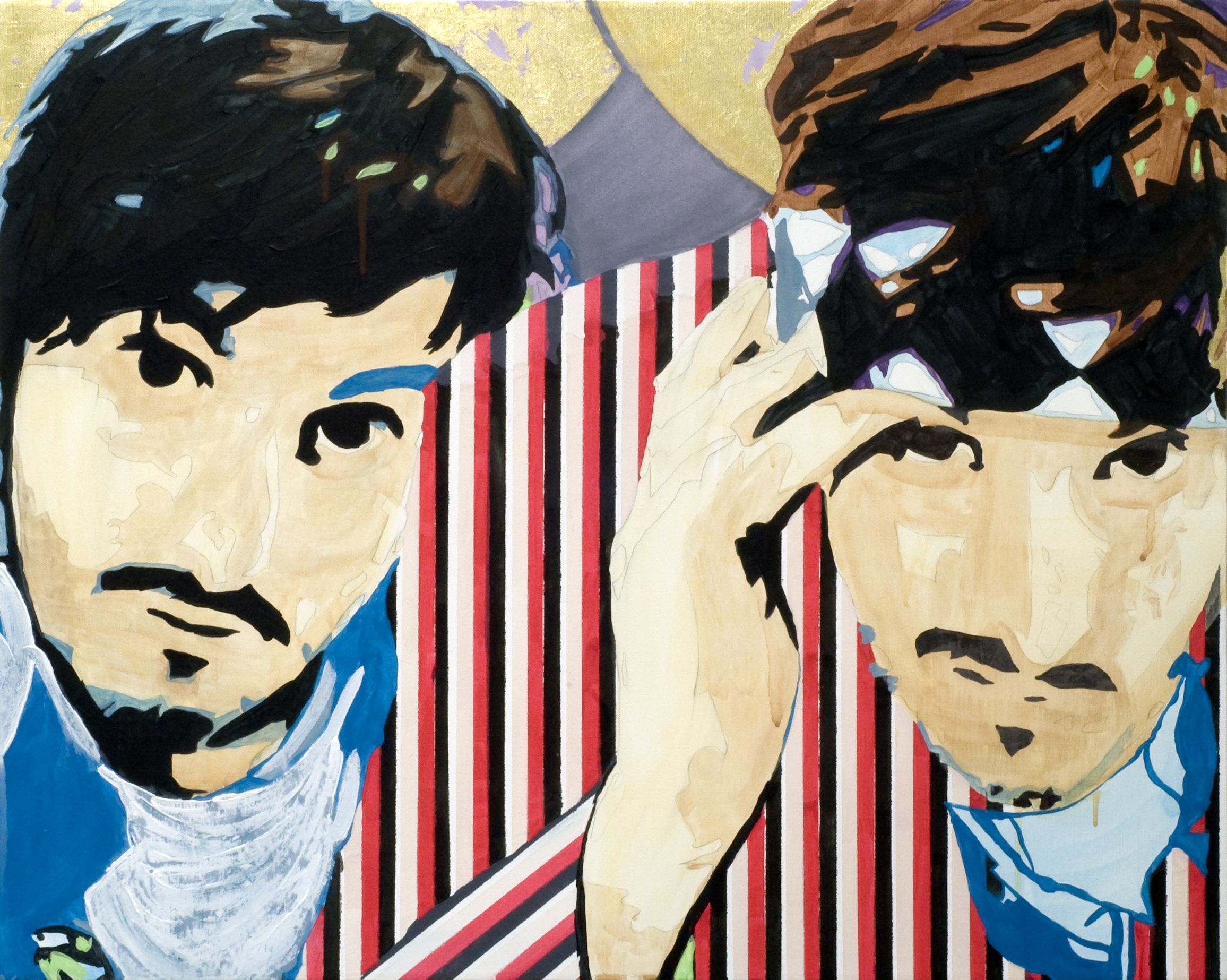 Two close, overlapping portraits of a dark-haired man against bold vertical red, white, and navy stripes.