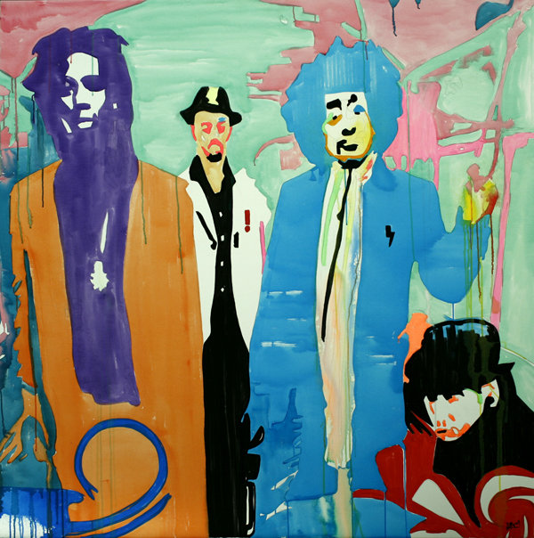 Four stylized performers in brown, black, blue, and red stand and sit together against a pale mint and pink stage backdrop.