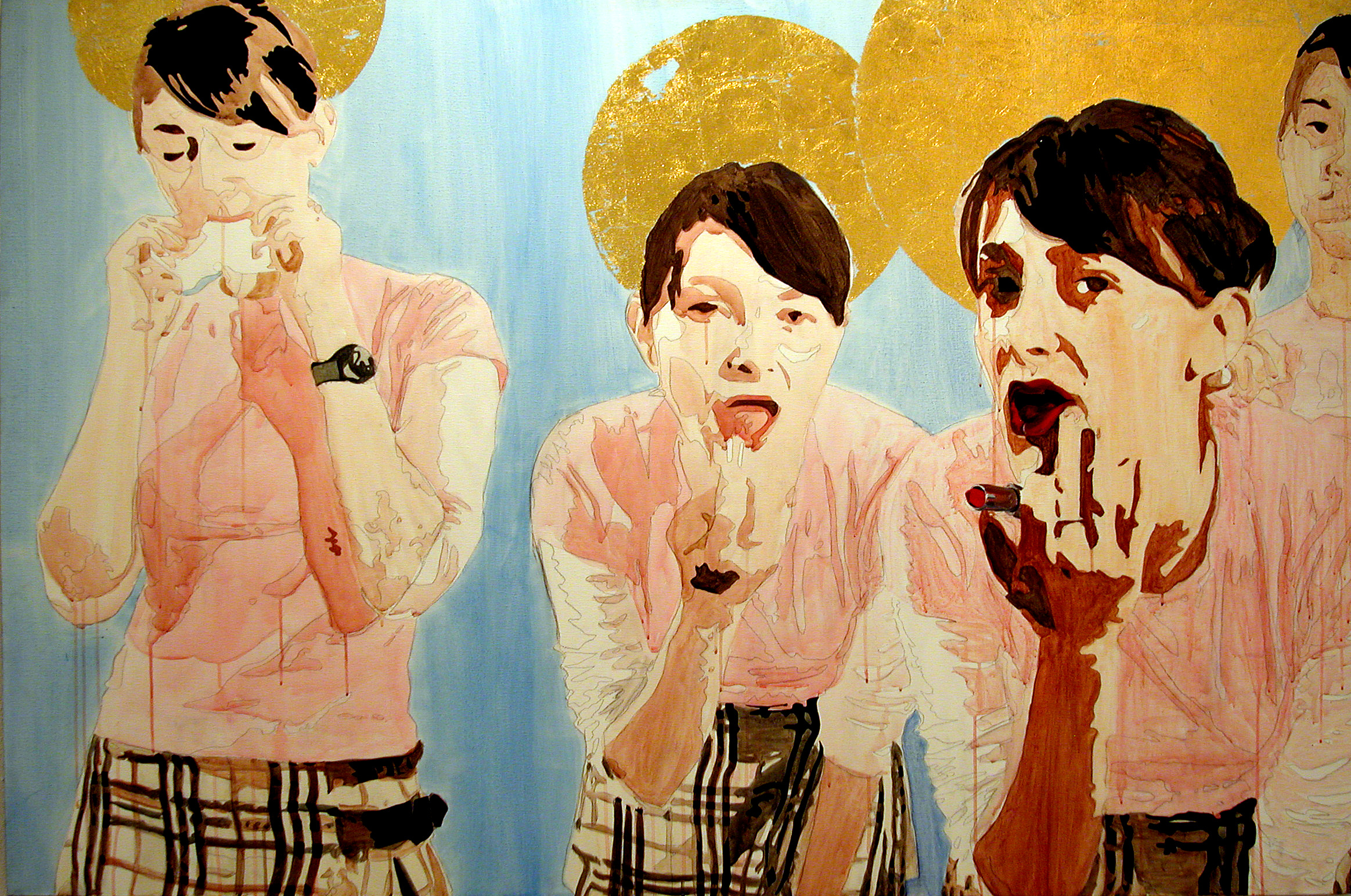 Five overlapping painted figures in pale shirts and plaid trousers make varied open-mouthed expressions beneath gold circles.