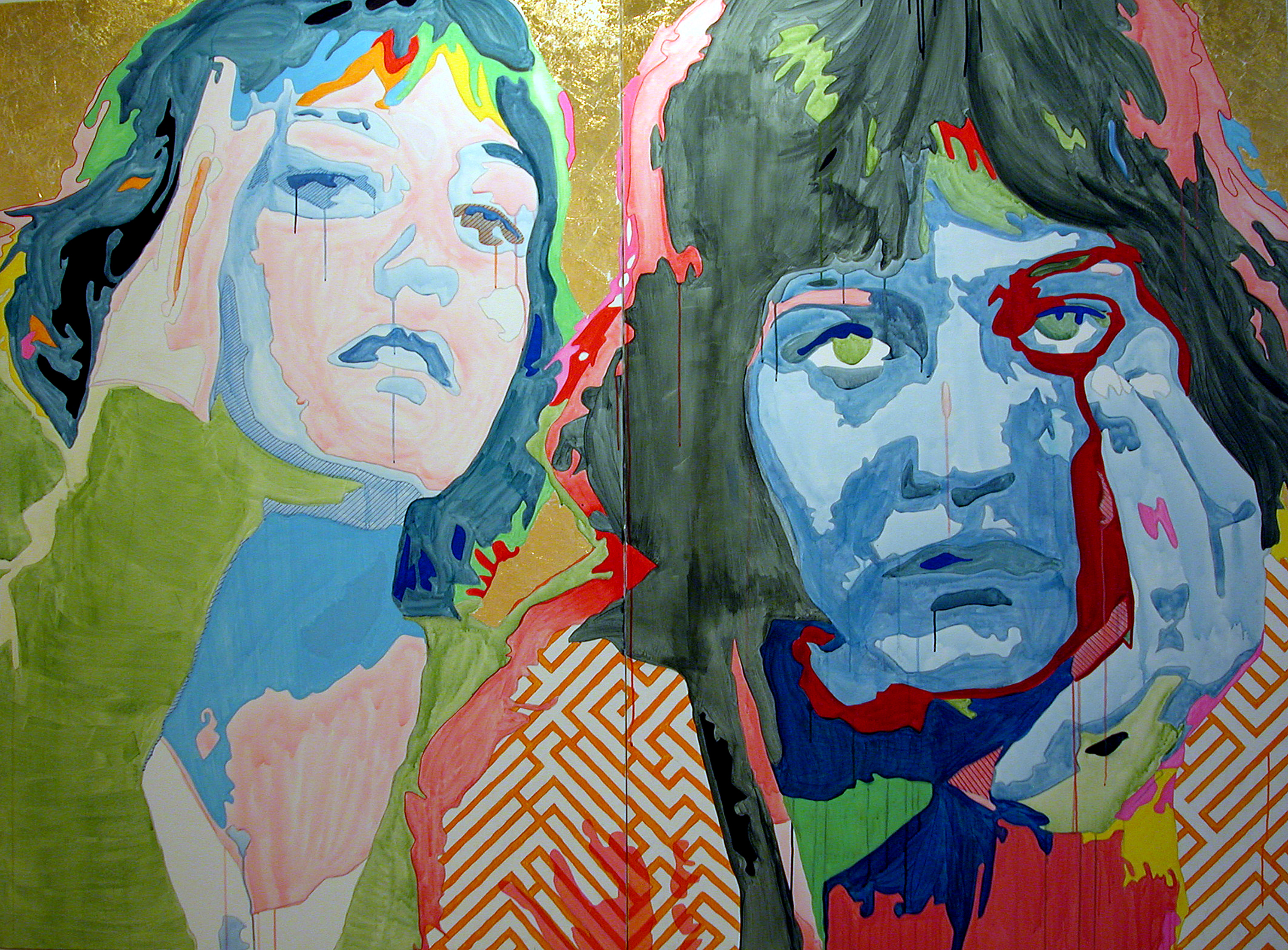 Two overlapping blue-toned faces, one with closed eyes behind another staring forward, surrounded by gold, green, and patterned orange.