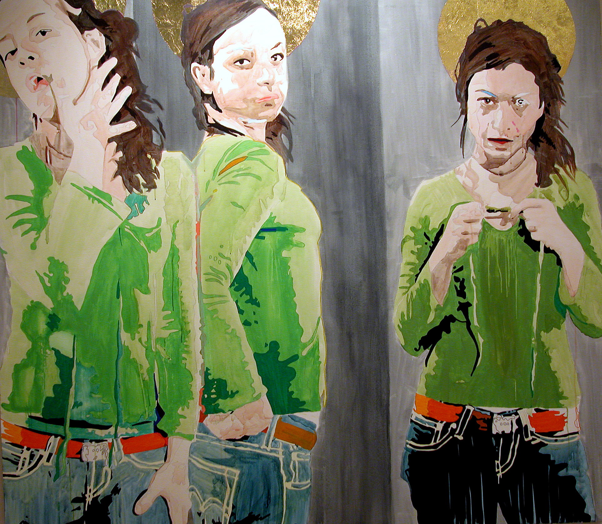 Three full-length versions of a figure in a bright green cardigan and jeans pose differently against gray panels and gold circles.