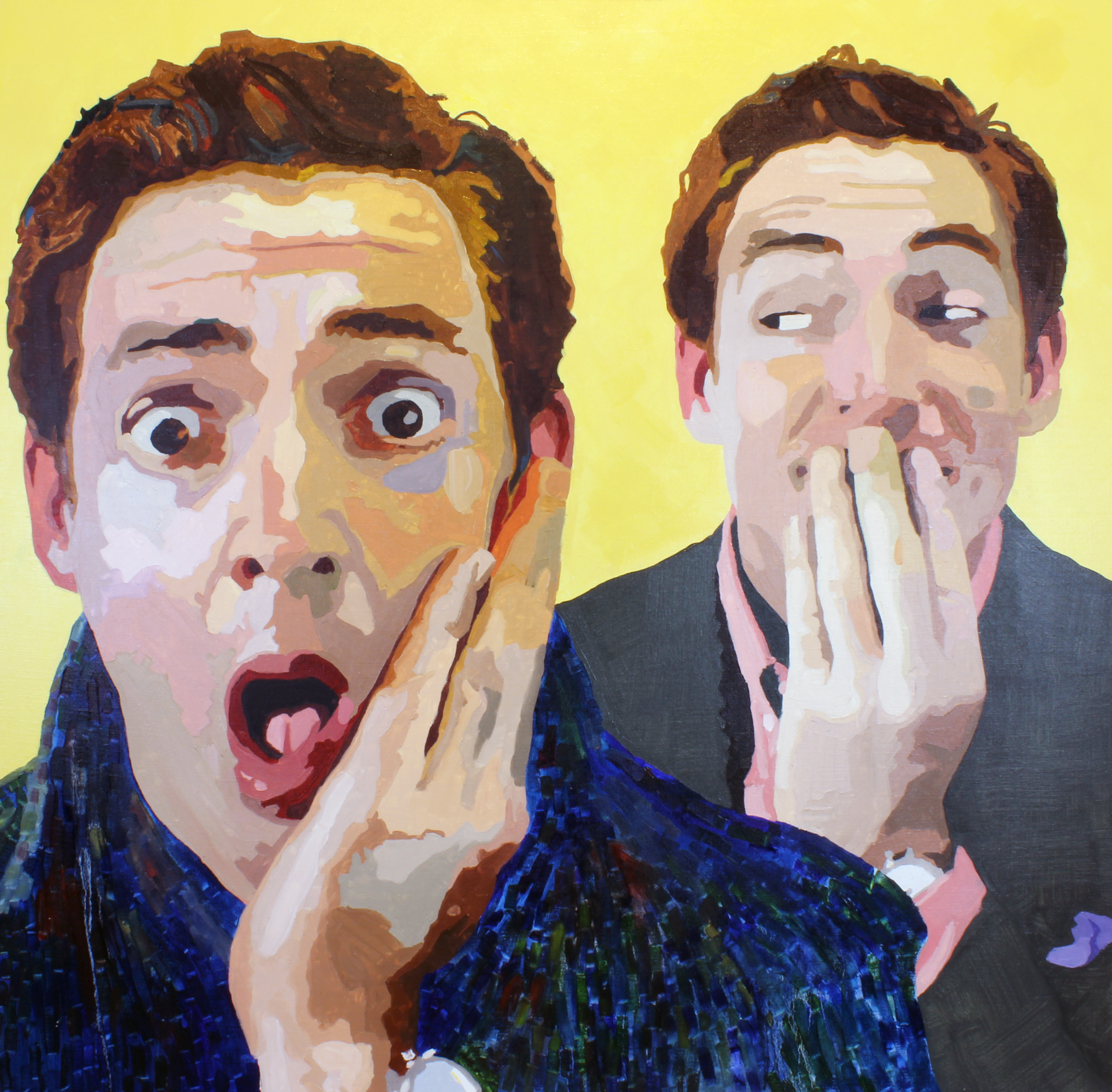 A wide-eyed man holds both hands to his cheeks while a second suited version behind him covers his mouth, against a bright yellow ground.