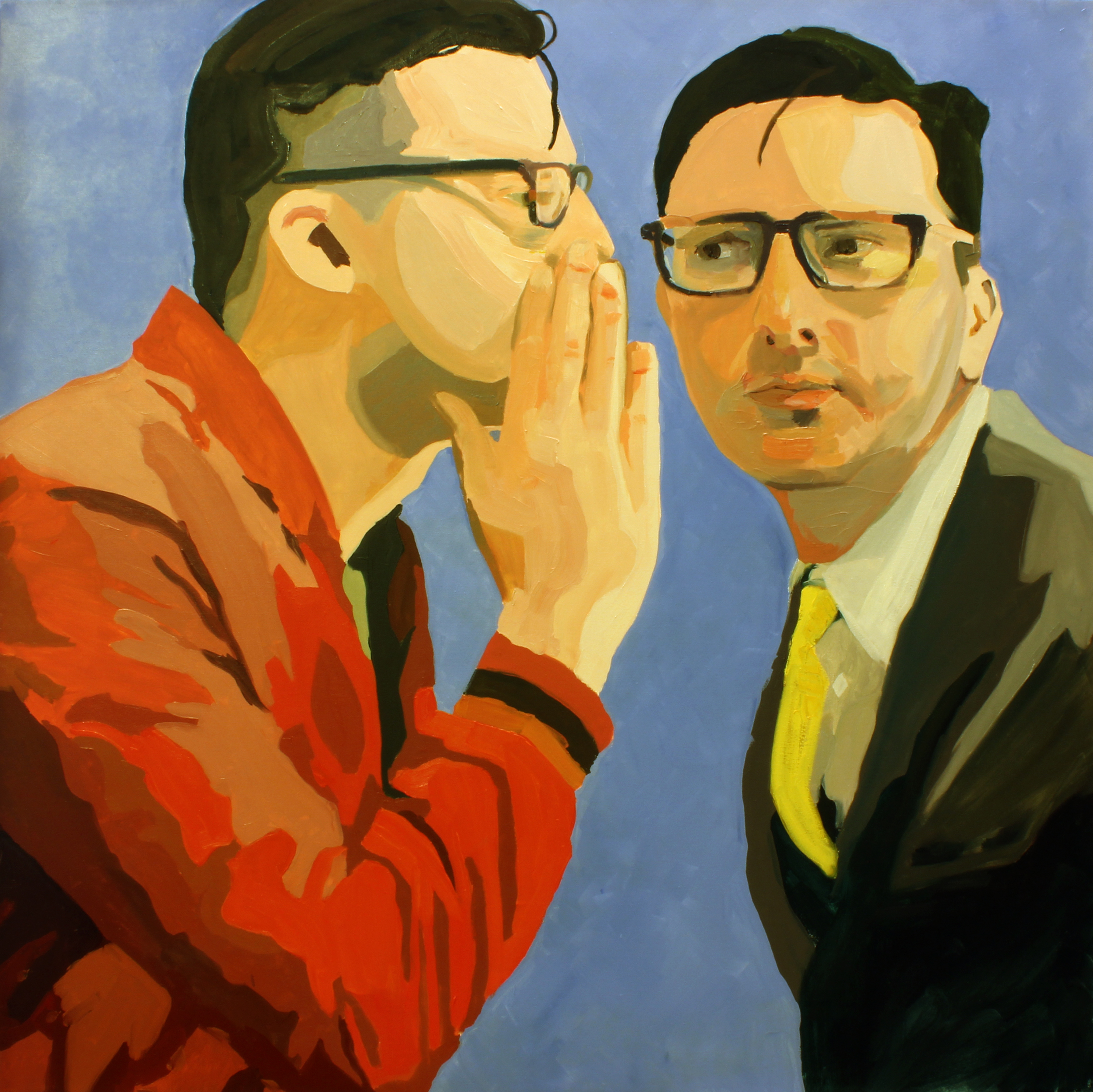A man in a red jacket whispers into the ear of a bespectacled man in a suit against a soft blue background.