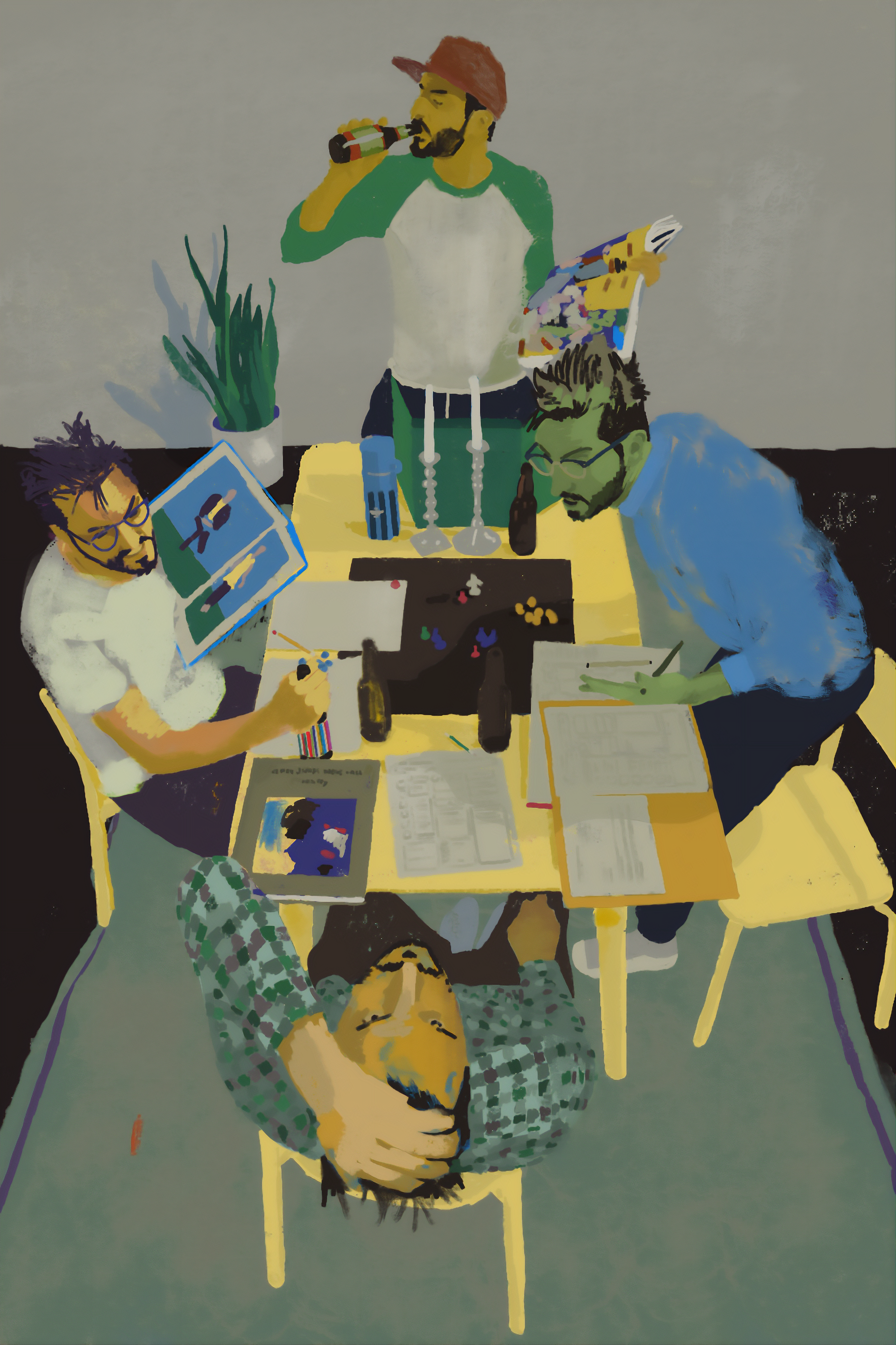 An overhead digital scene of five figures gathered around a yellow table with phones, papers, drinks, and electronic devices, one figure upside down.