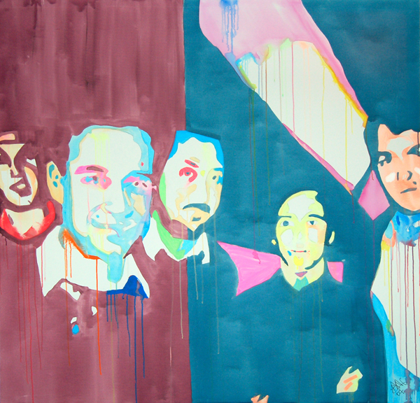 Five stylized band members cluster across a teal and burgundy field, their pale blue, pink, and orange clothing dissolving into paint drips.