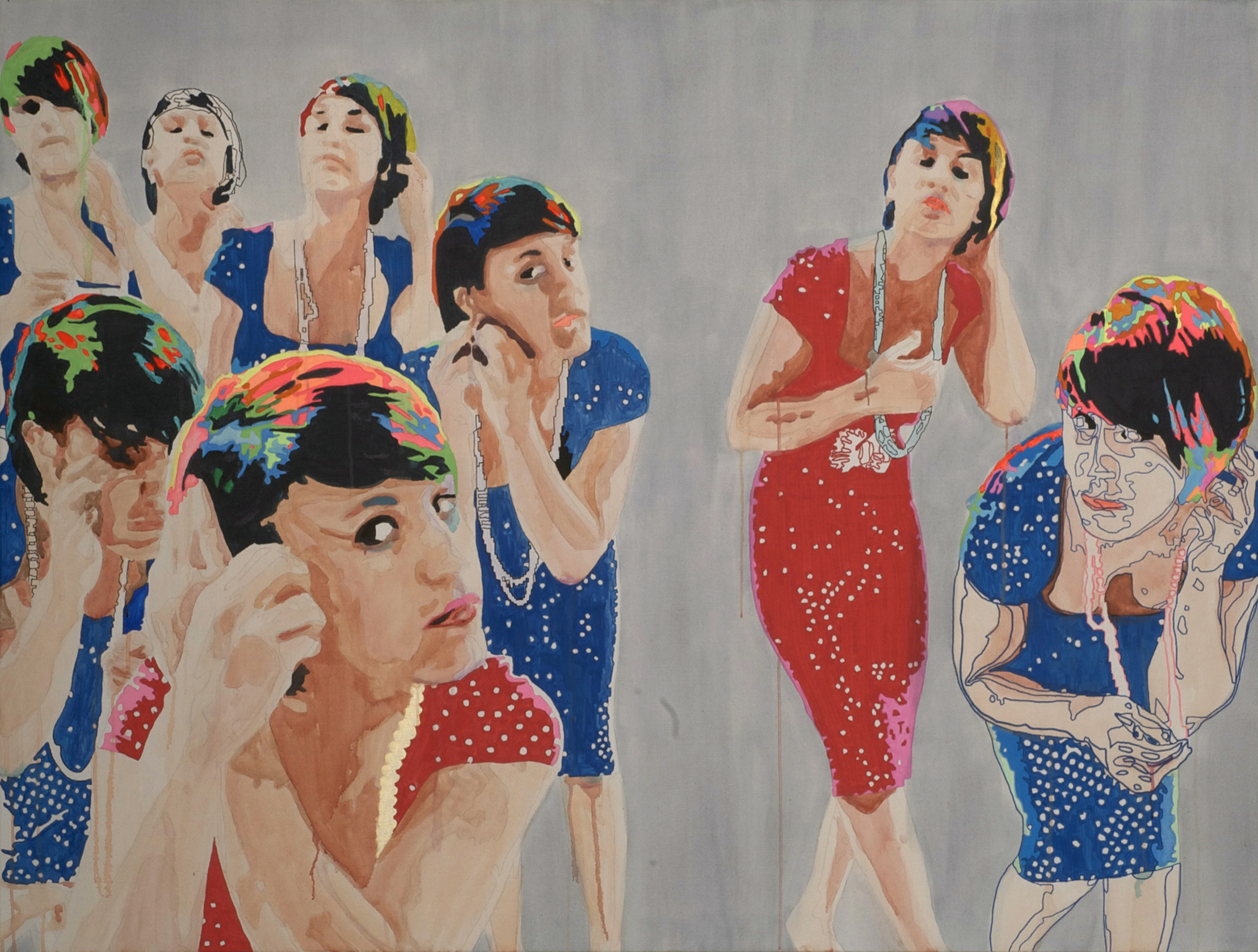 A crowd of repeated women in red and blue polka-dot clothing strike varied pensive poses across a pale gray ground.