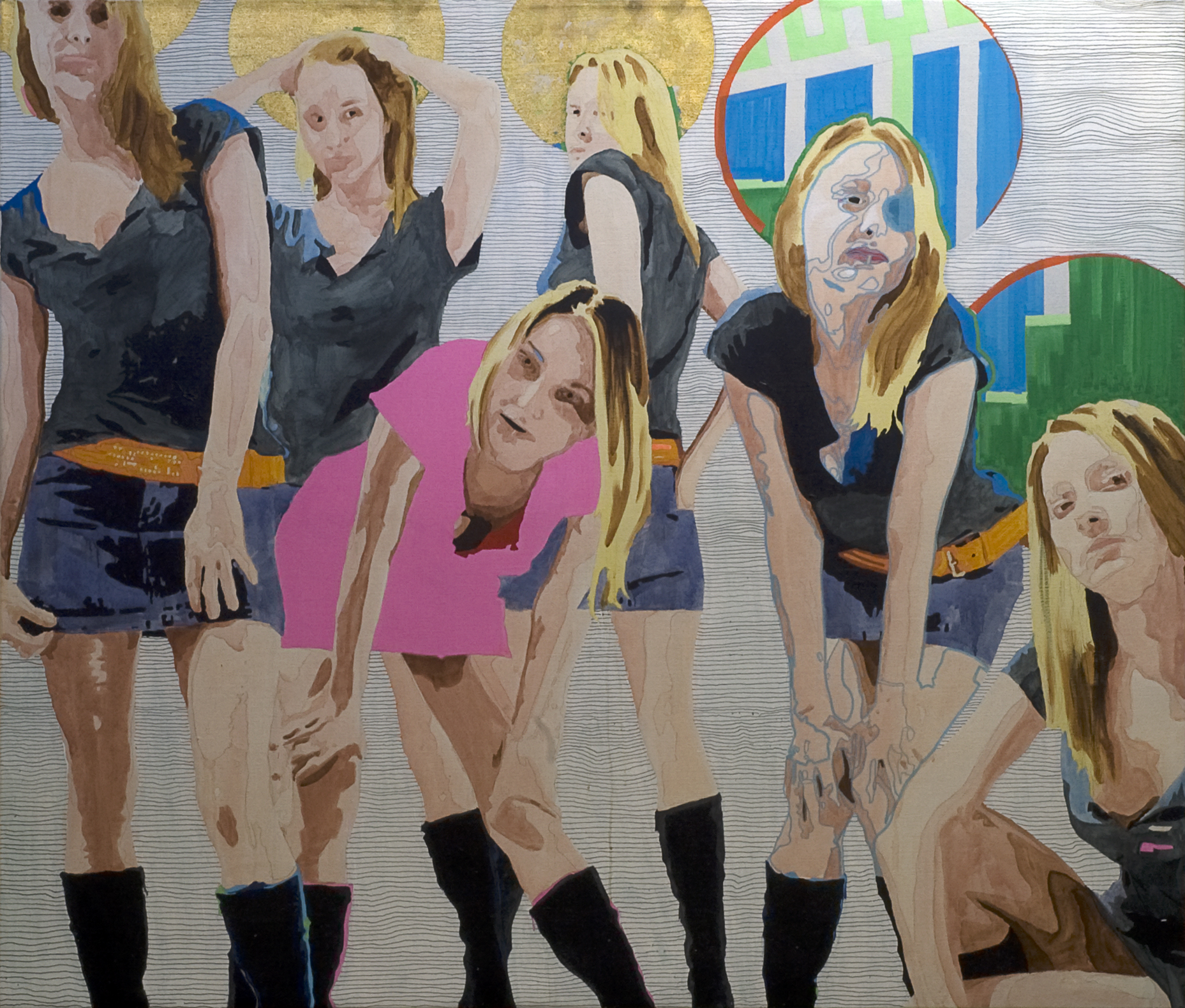 Six repeated poses of a blonde woman in dark tops and vivid skirts arranged across a gray geometric background with bright circles.