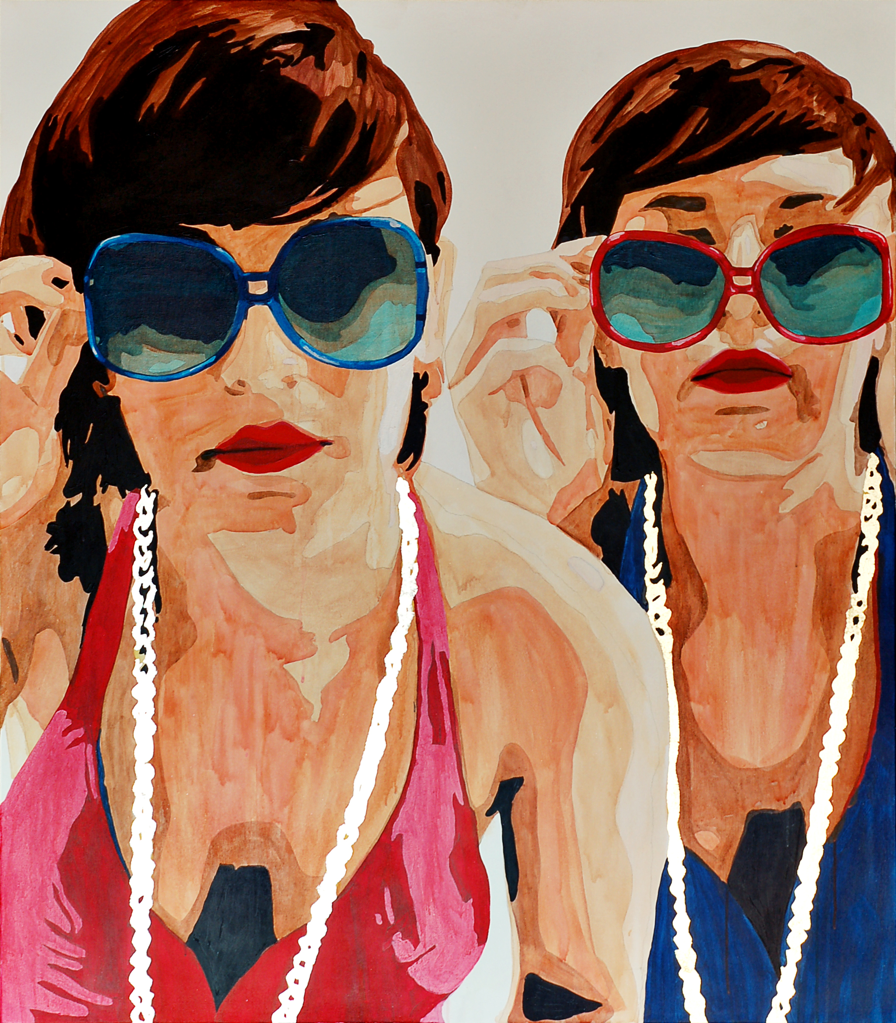 Two overlapping busts of a short-haired figure in oversized blue and red sunglasses, pearl necklaces, and vivid pink and navy clothing.