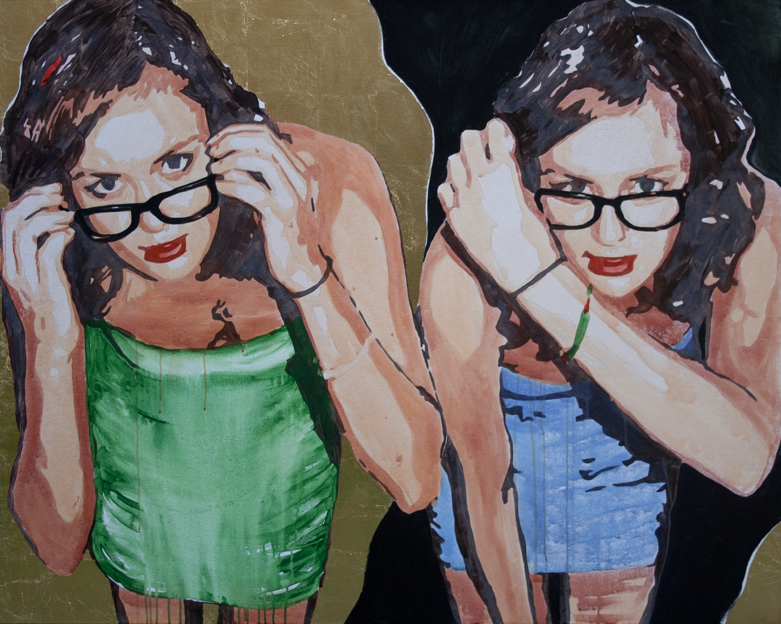 Two versions of a woman lean forward while lowering black-framed glasses, wearing green and blue tops against a dark field and gold circle.